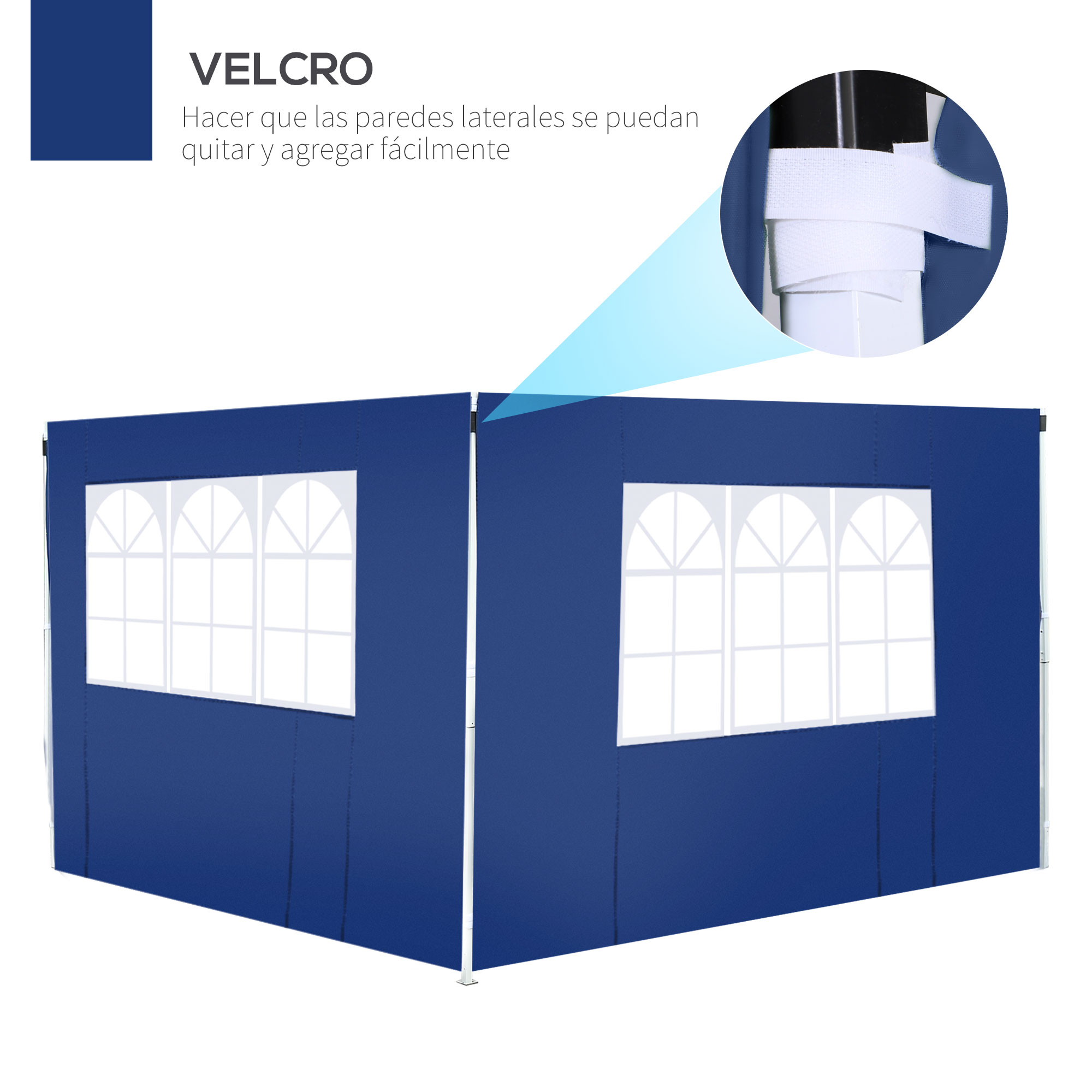 Paredes de carpa azul oscuro con ventanas blancas y detalle de velcro.