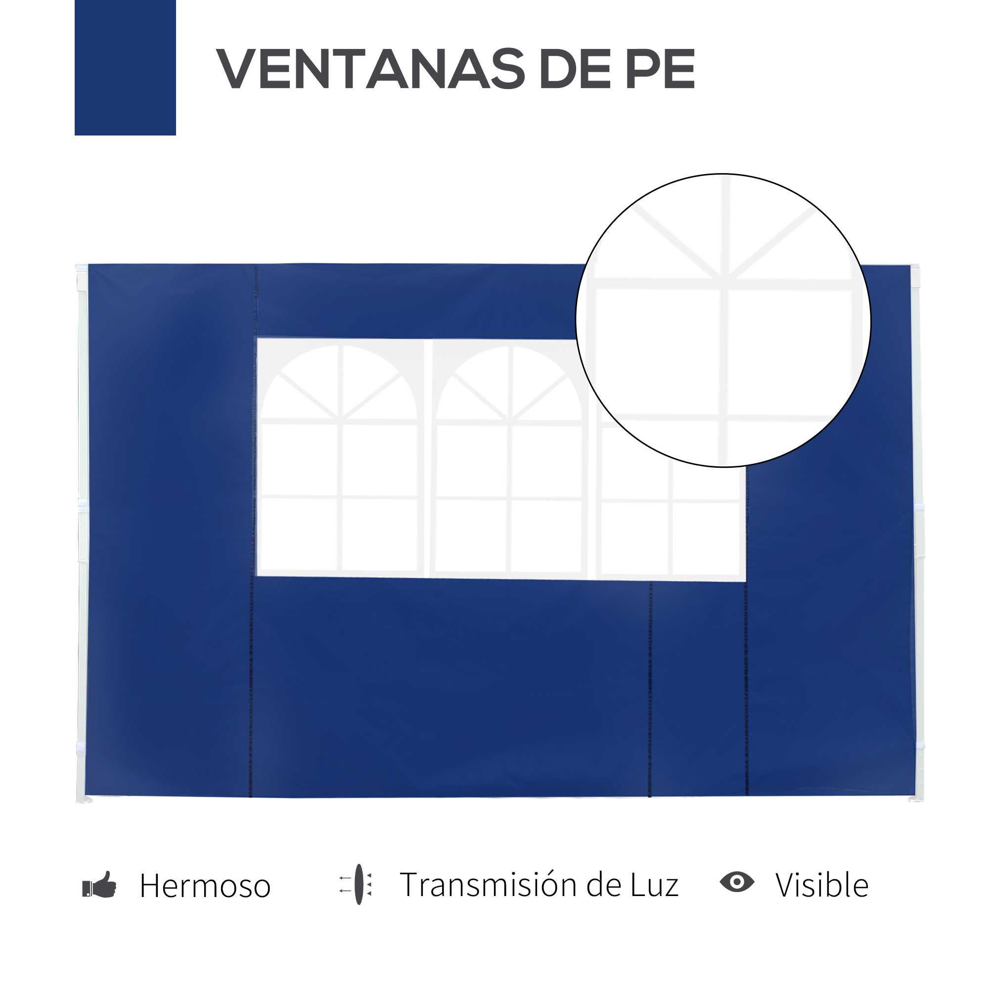 Tienda azul oscuro con tres ventanas blancas y divisiones.