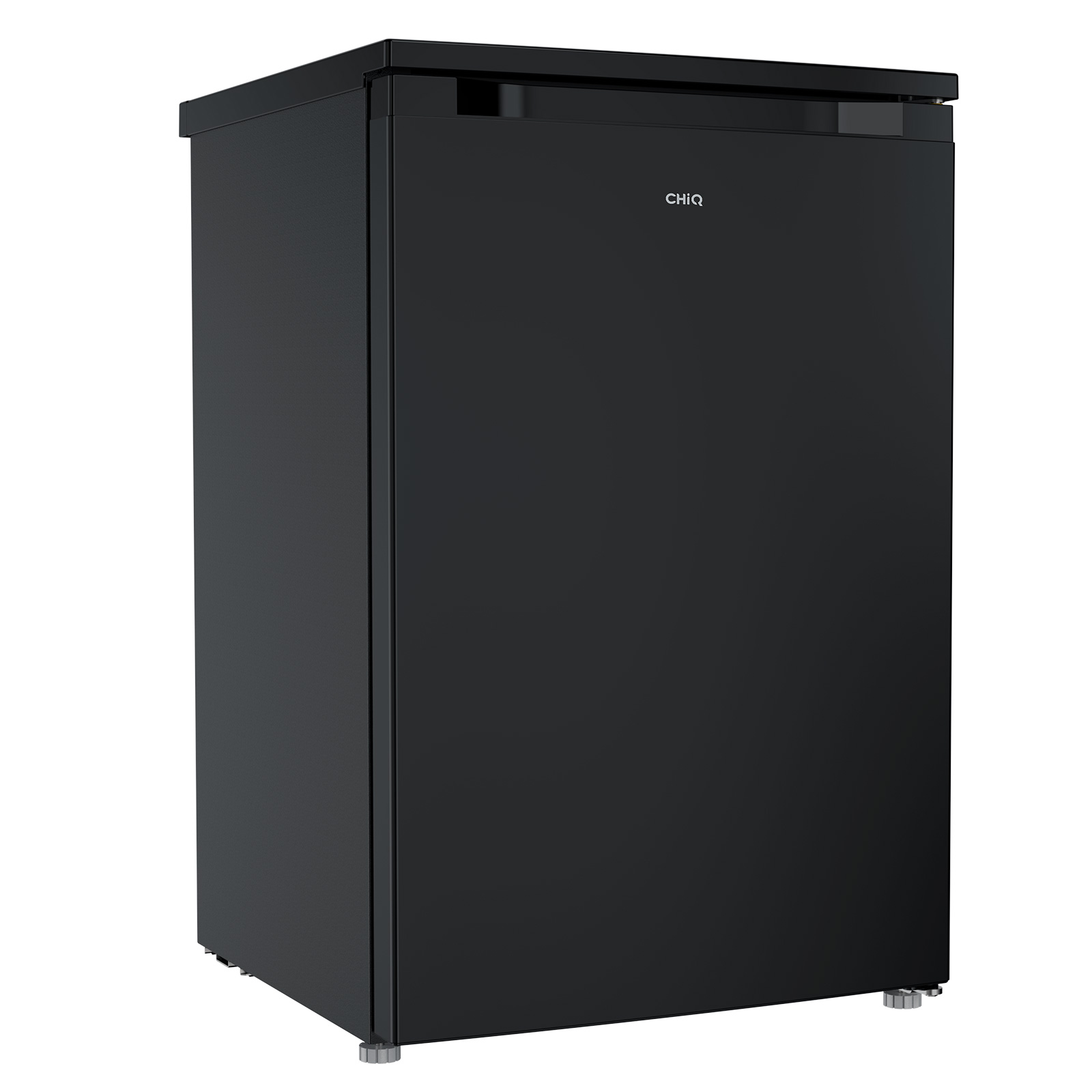 Ein schwarzer Kühlschrank mit silbernen Füßen und dem CHIQ-Logo.