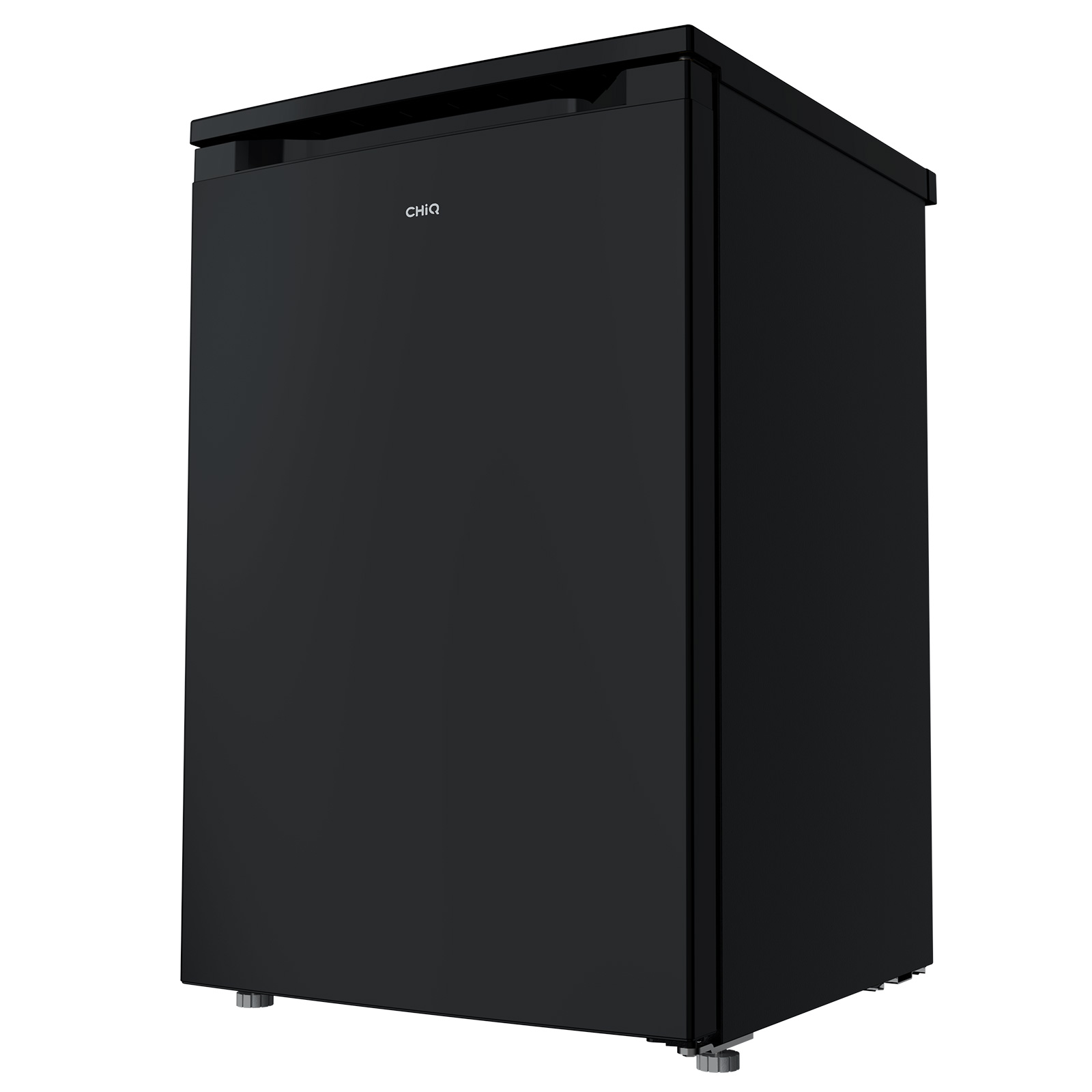 Ein schwarzer Kühlschrank mit dem CHIQ-Logo auf der Vorderseite.