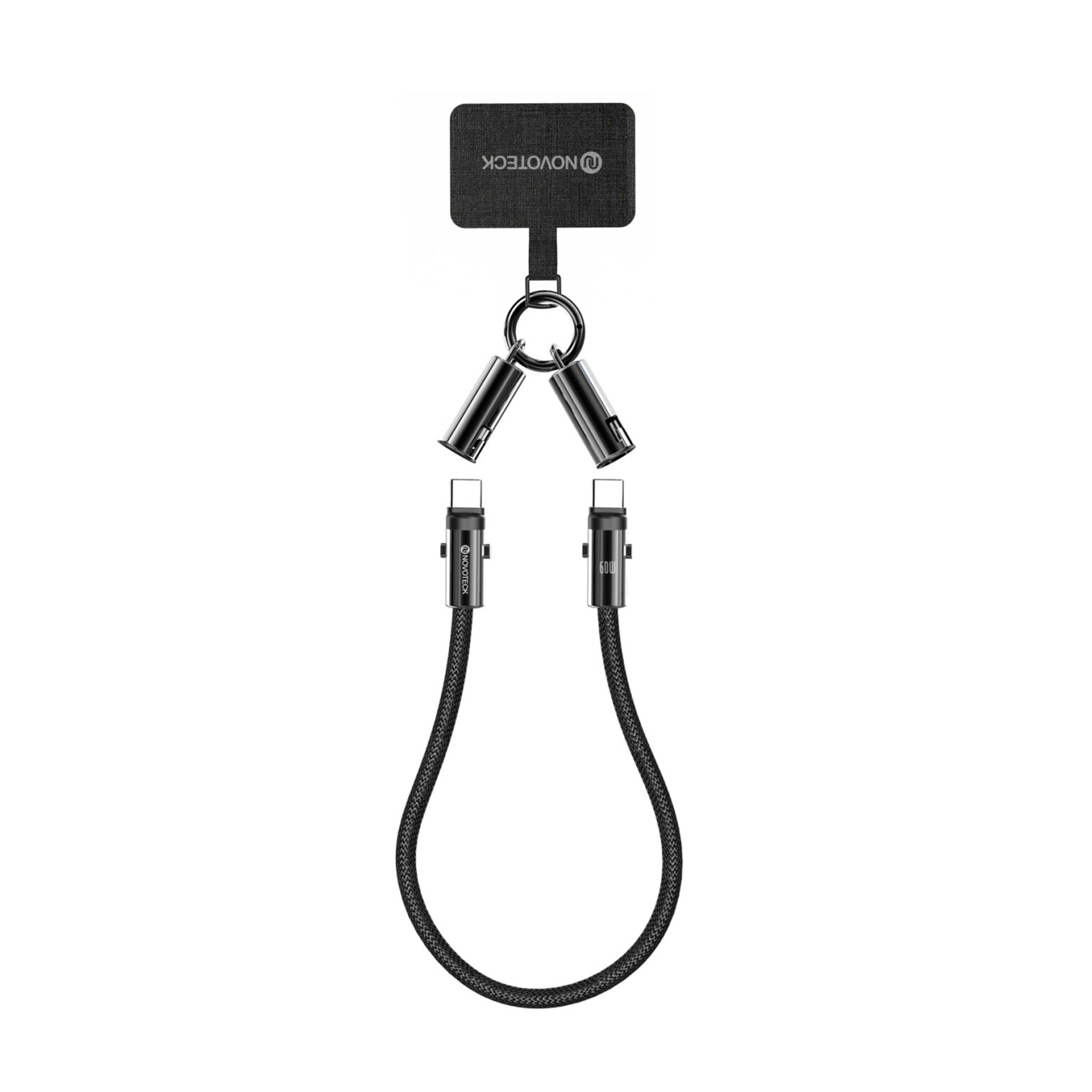 Un cavo USB-C nero con due connettori e un logo NOVOTECH.