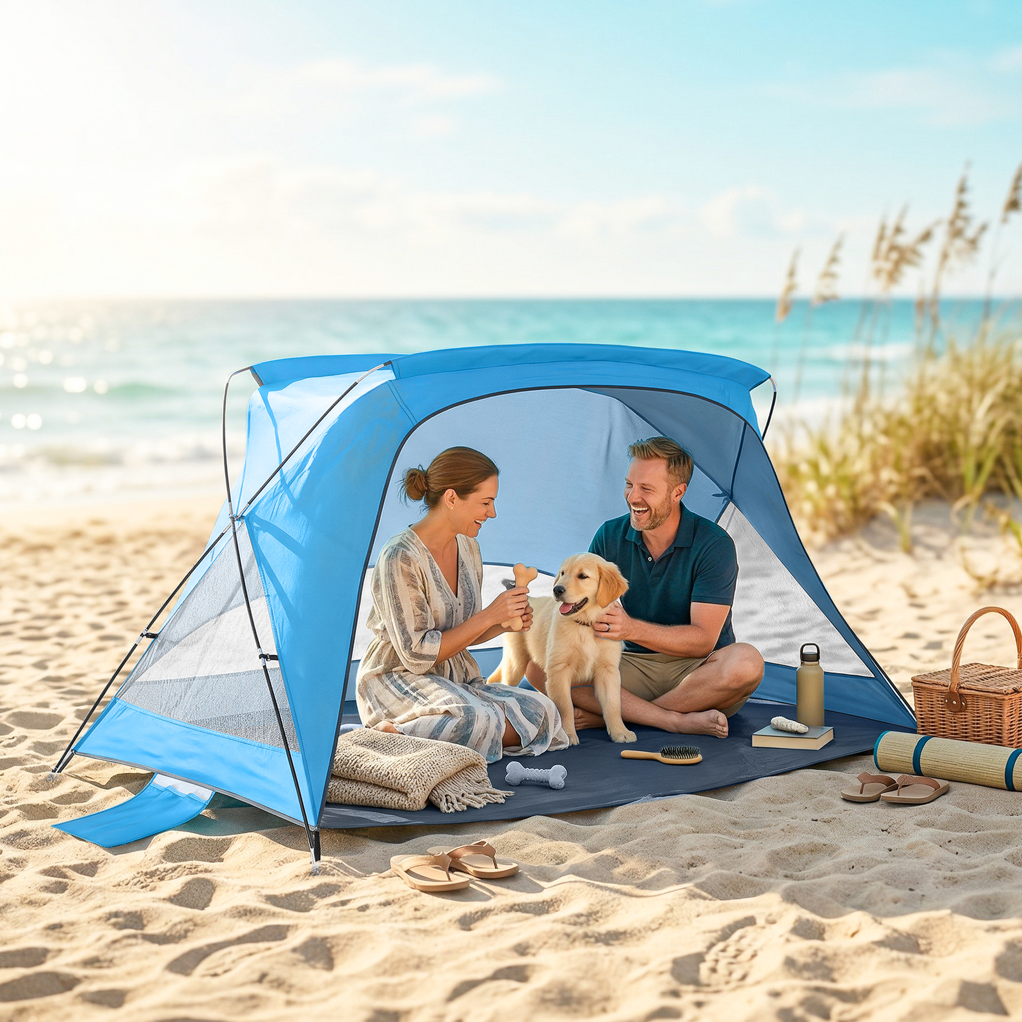 Una pareja y un perro sentados en una carpa de playa azul junto al mar.