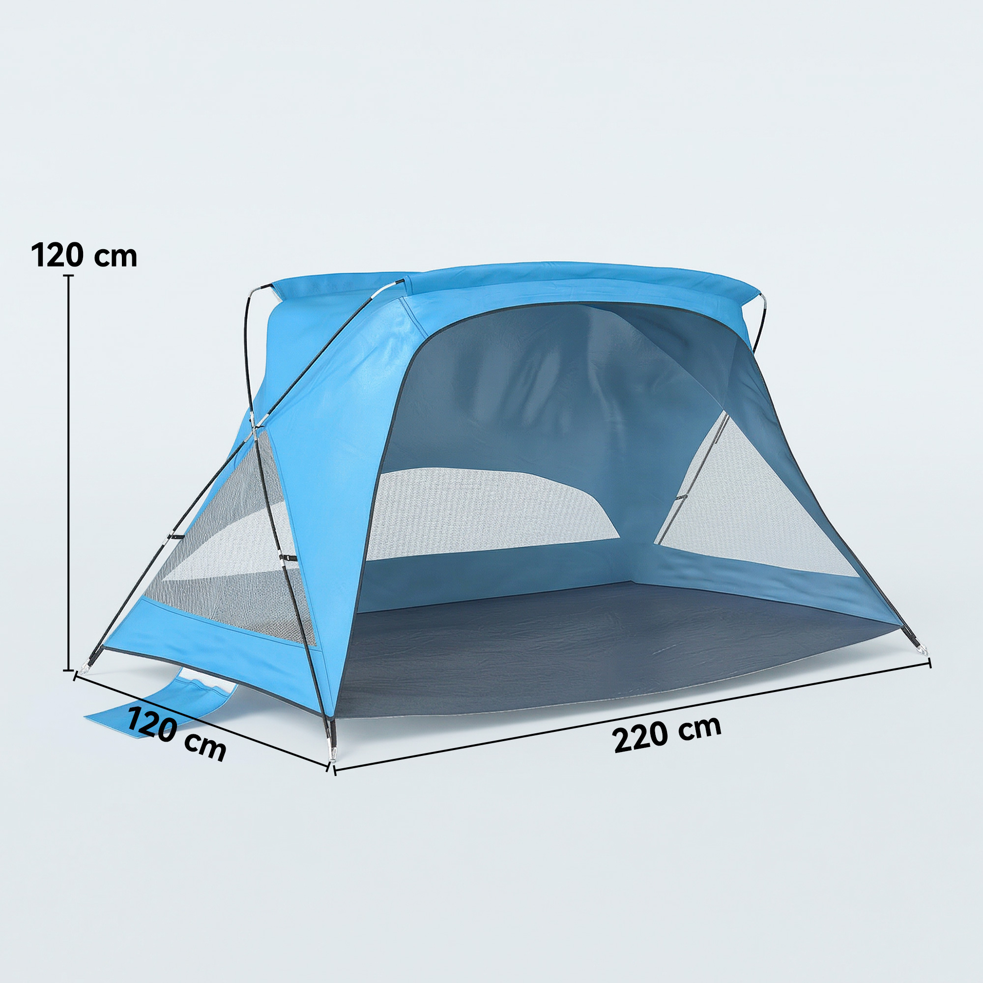 Una carpa de playa azul claro con ventanas de malla y dimensiones de 220x120 cm.