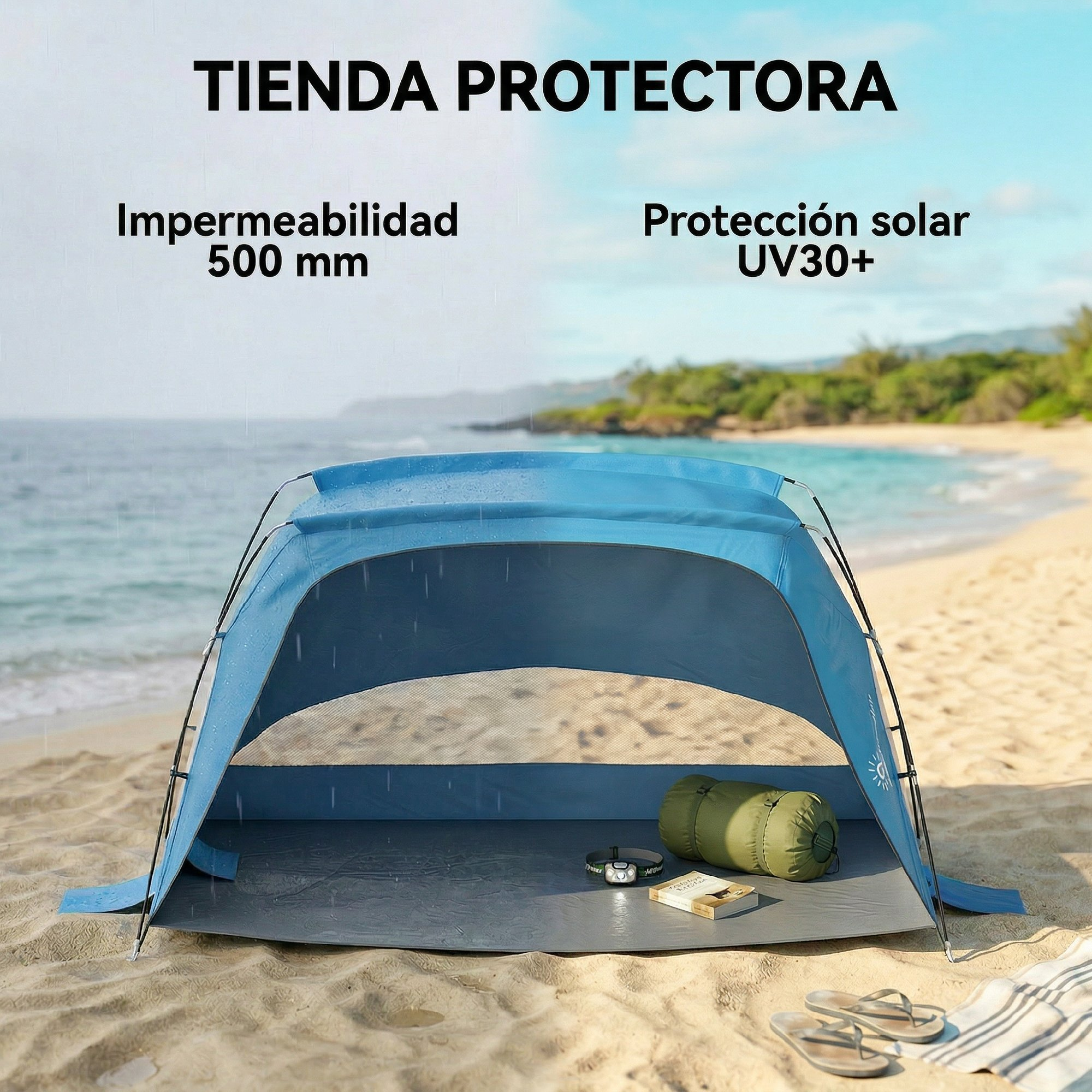Tienda de playa azul con saco de dormir, libro y chanclas junto al mar.