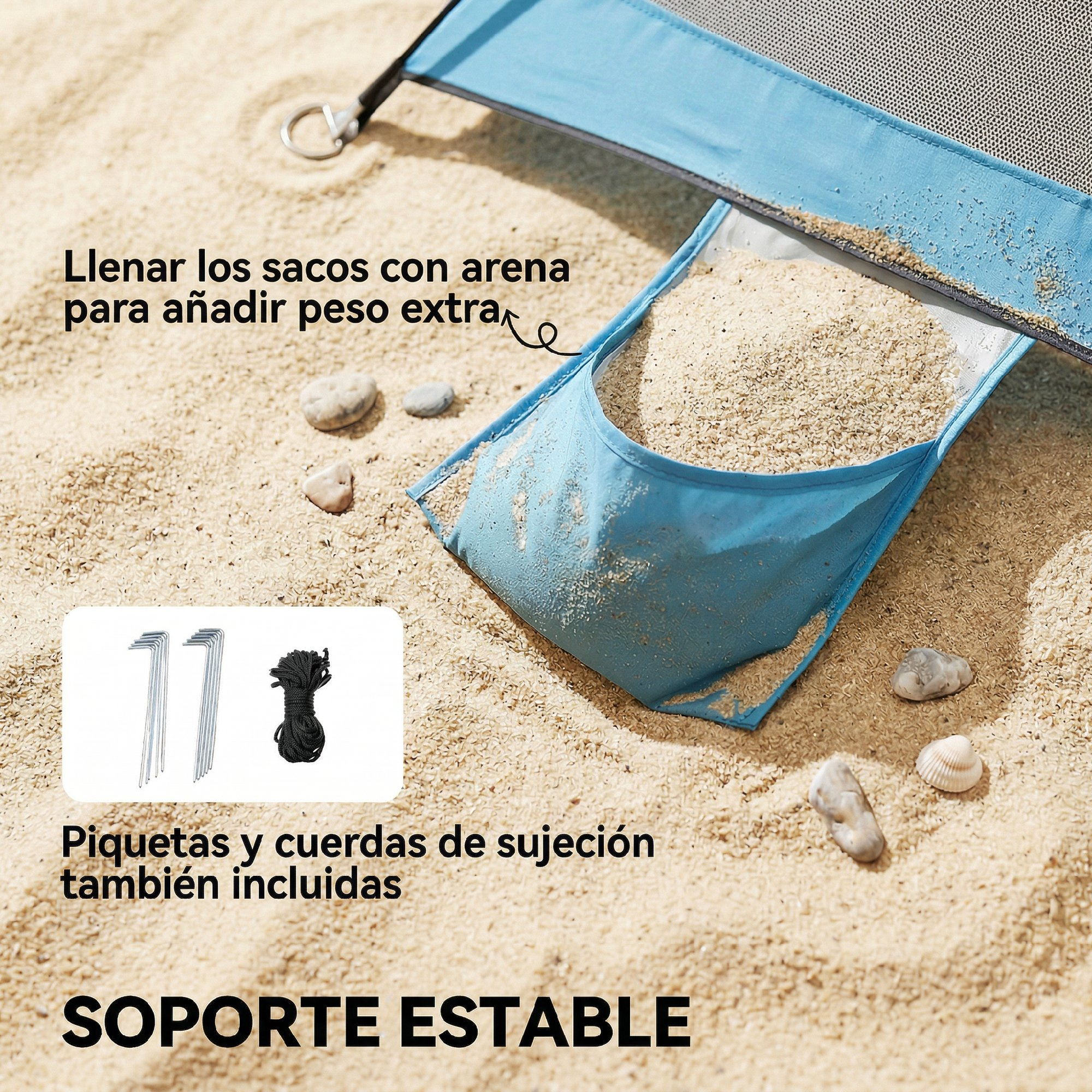 Un saco de arena azul, estacas y cuerdas en la arena. Para soporte estable.