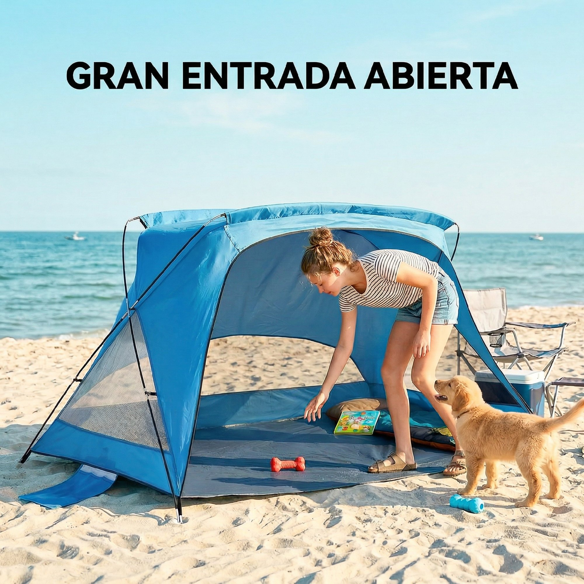 Una niña y un cachorro en la playa frente a una carpa azul con texto 
