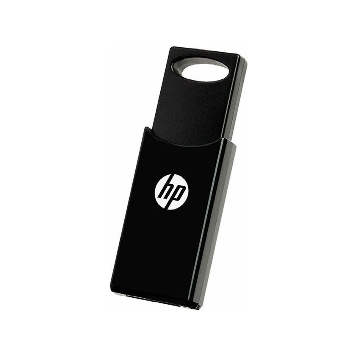 Une clé USB HP noire avec un trou ovale en haut.