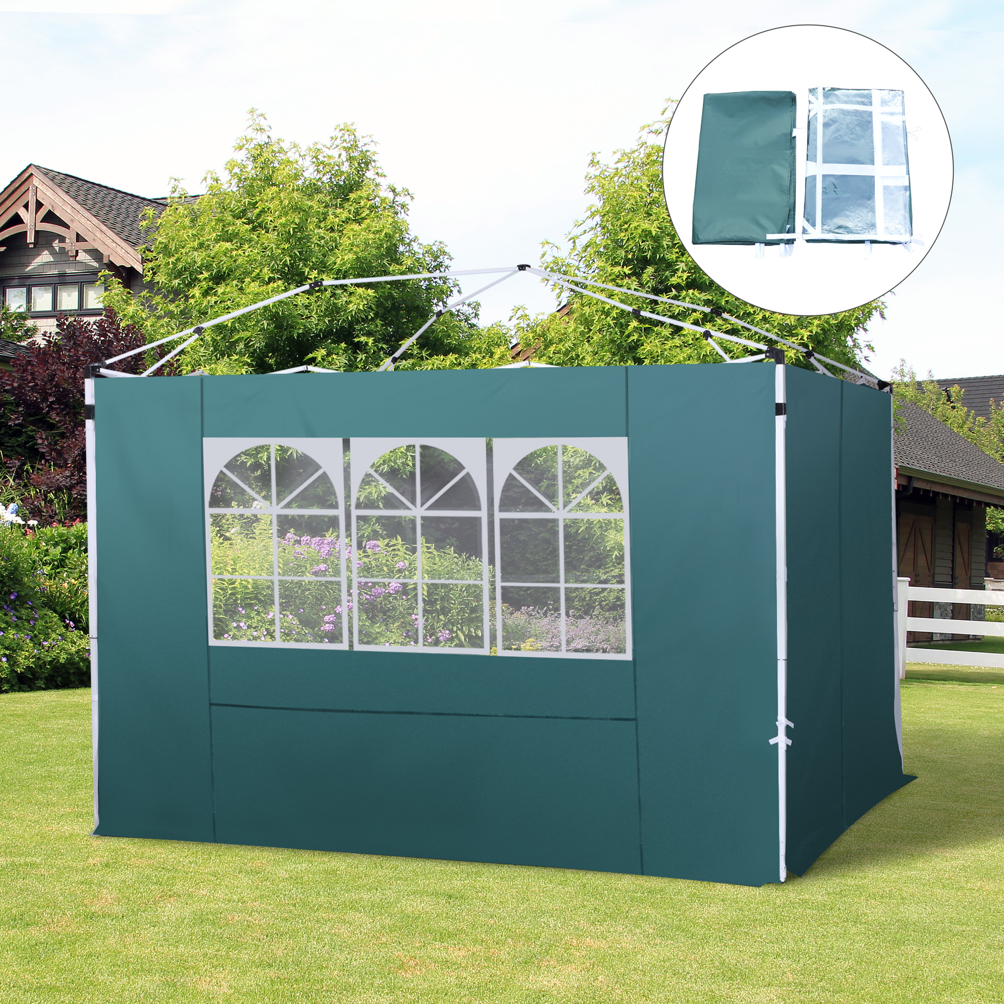 Tienda pop-up verde con ventanas arqueadas en césped, cerca de una casa.