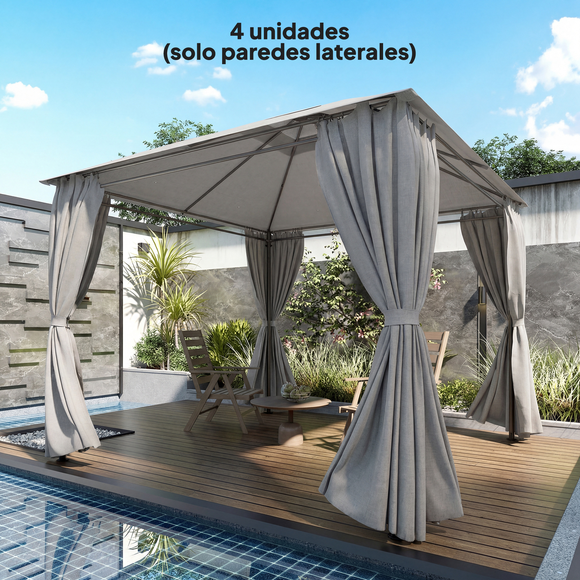Gazebo con cortinas grises en terraza de madera junto a piscina. Dos sillas, mesa.