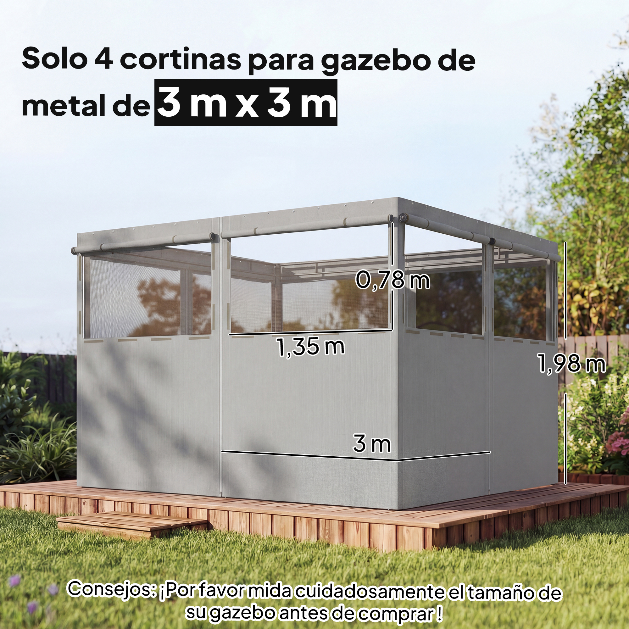 Cenador gris de 3x3m con ventanas de malla y cortinas laterales sobre tarima.