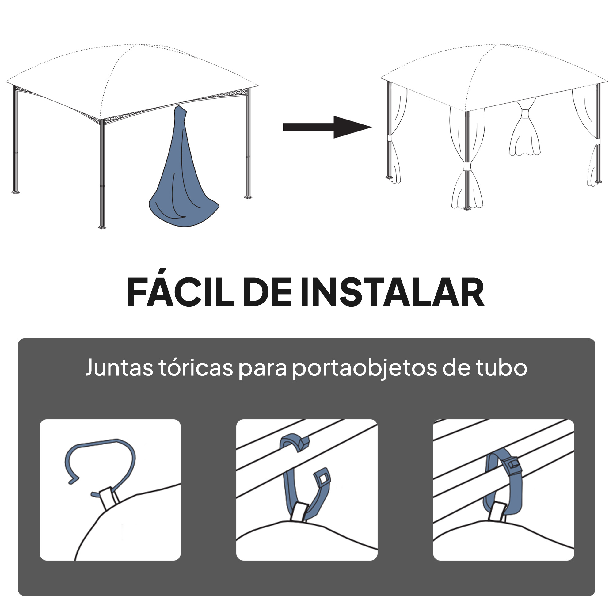Ilustración que muestra el montaje de un cenador con cortinas y correas.
