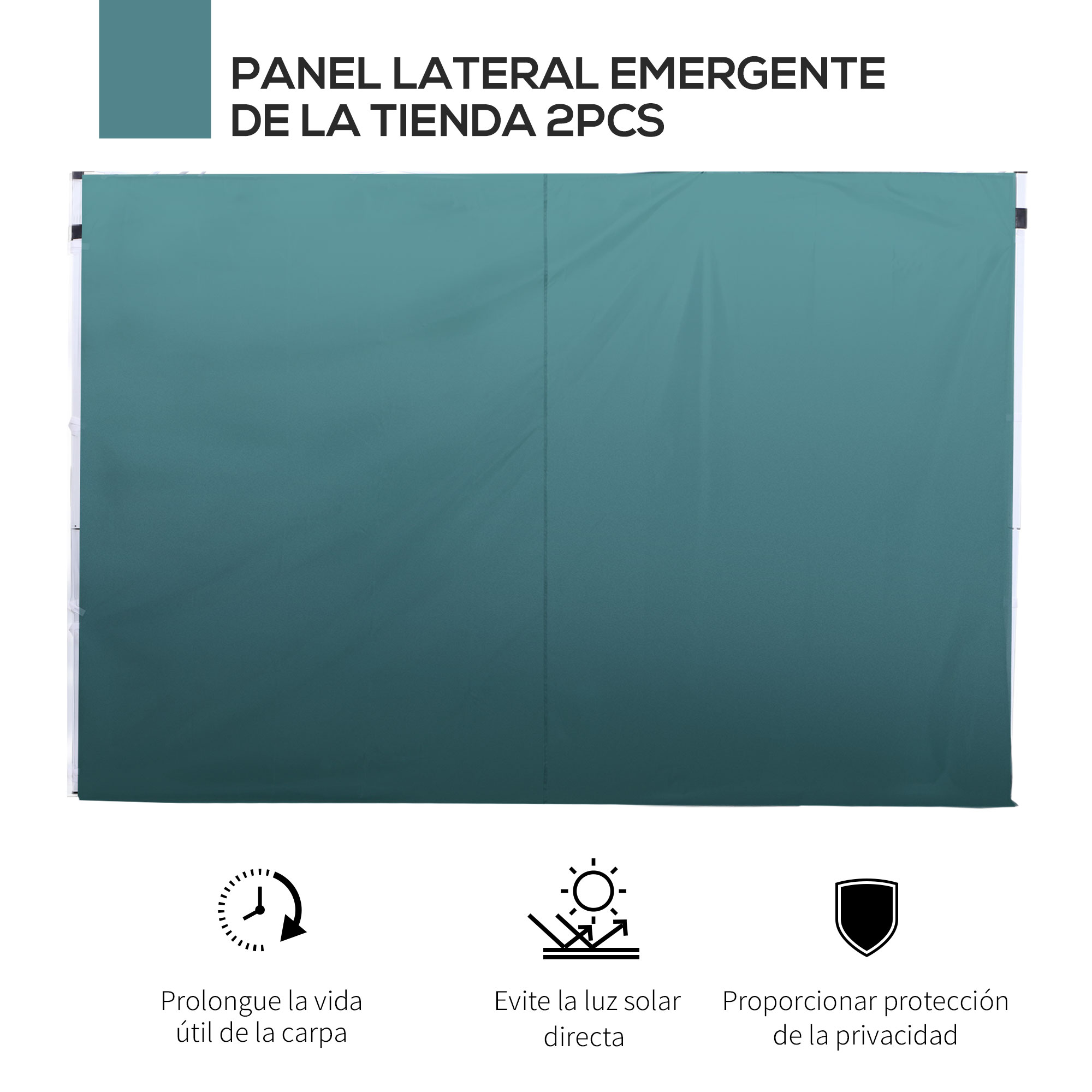 Dos paneles laterales de tienda color turquesa con iconos de durabilidad, protección solar y privacidad.