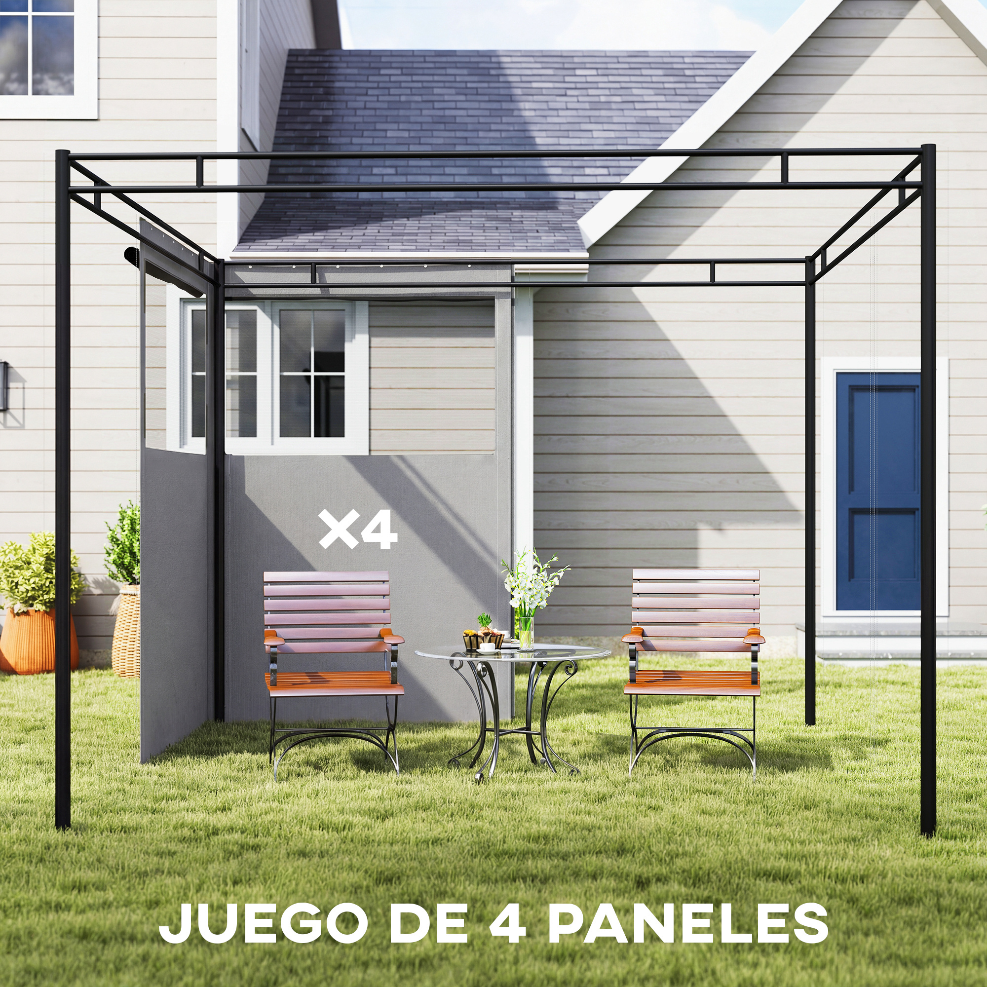 Un cenador con mesa, dos sillas y plantas en un jardín.