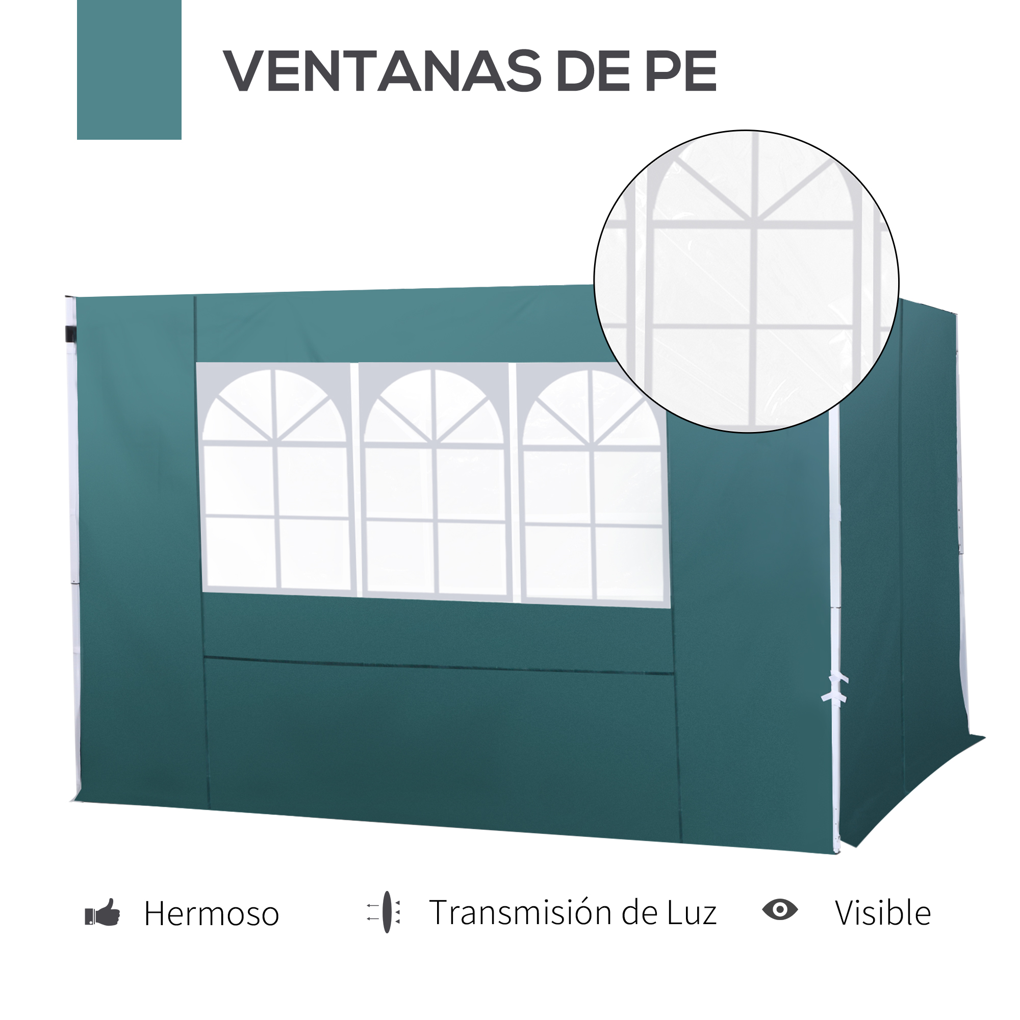 Una carpa verde con ventanas arqueadas y texto: VENTANAS DE PE, Hermoso, Transmisión de Luz, Visible.
