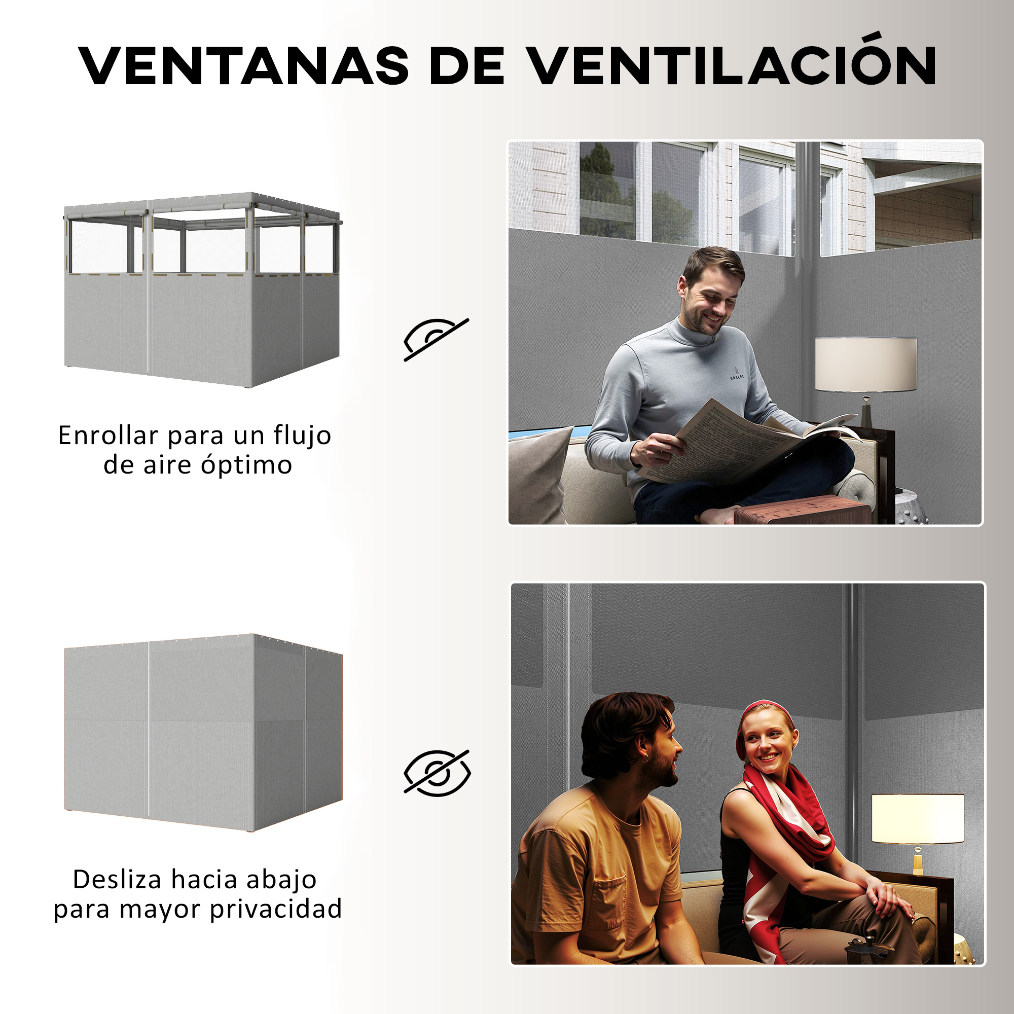 Estructura gris con personas relajándose. Un hombre lee, una mujer sonríe.