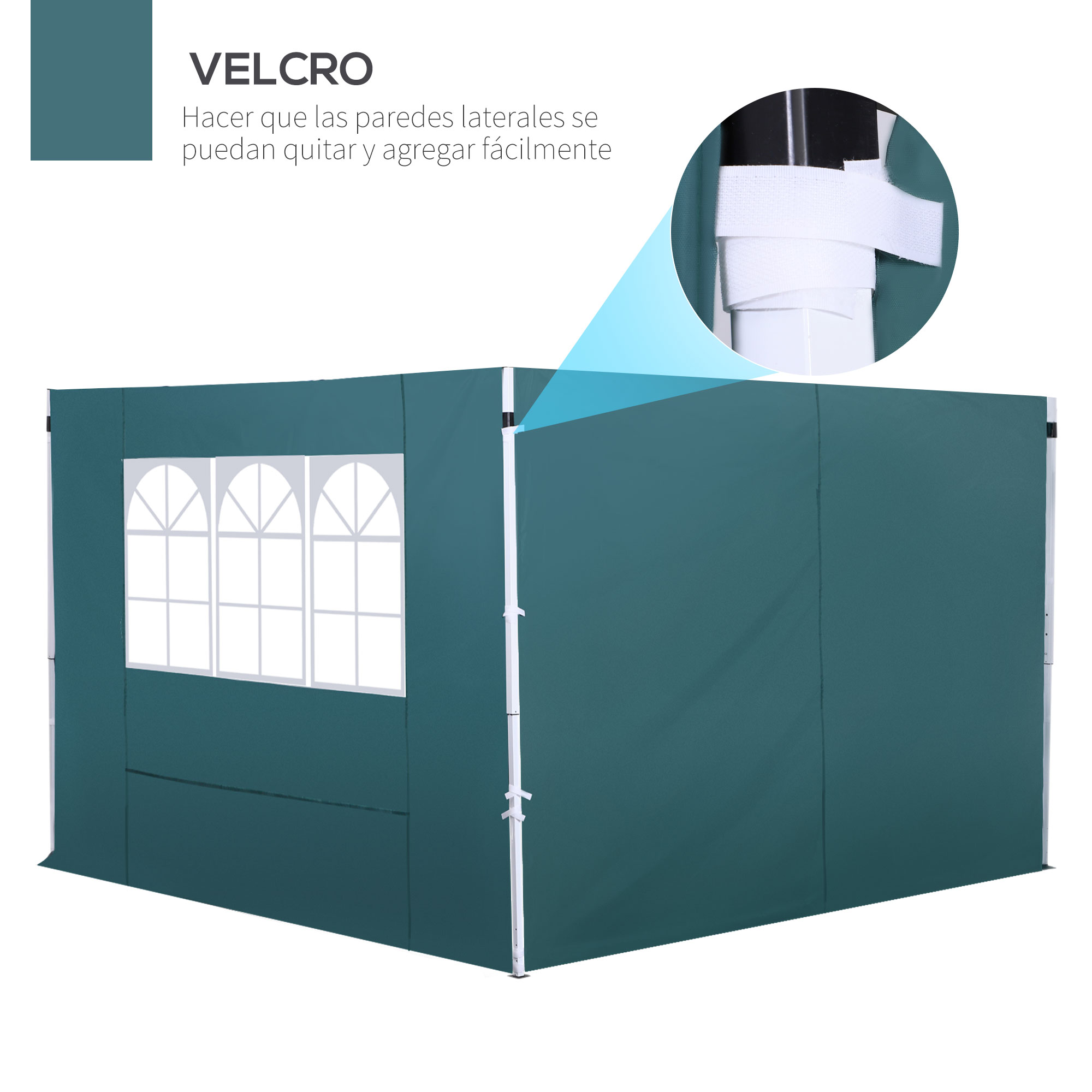 Una carpa verde con ventanas y velcro. Primer plano muestra detalle de sujeción de velcro.