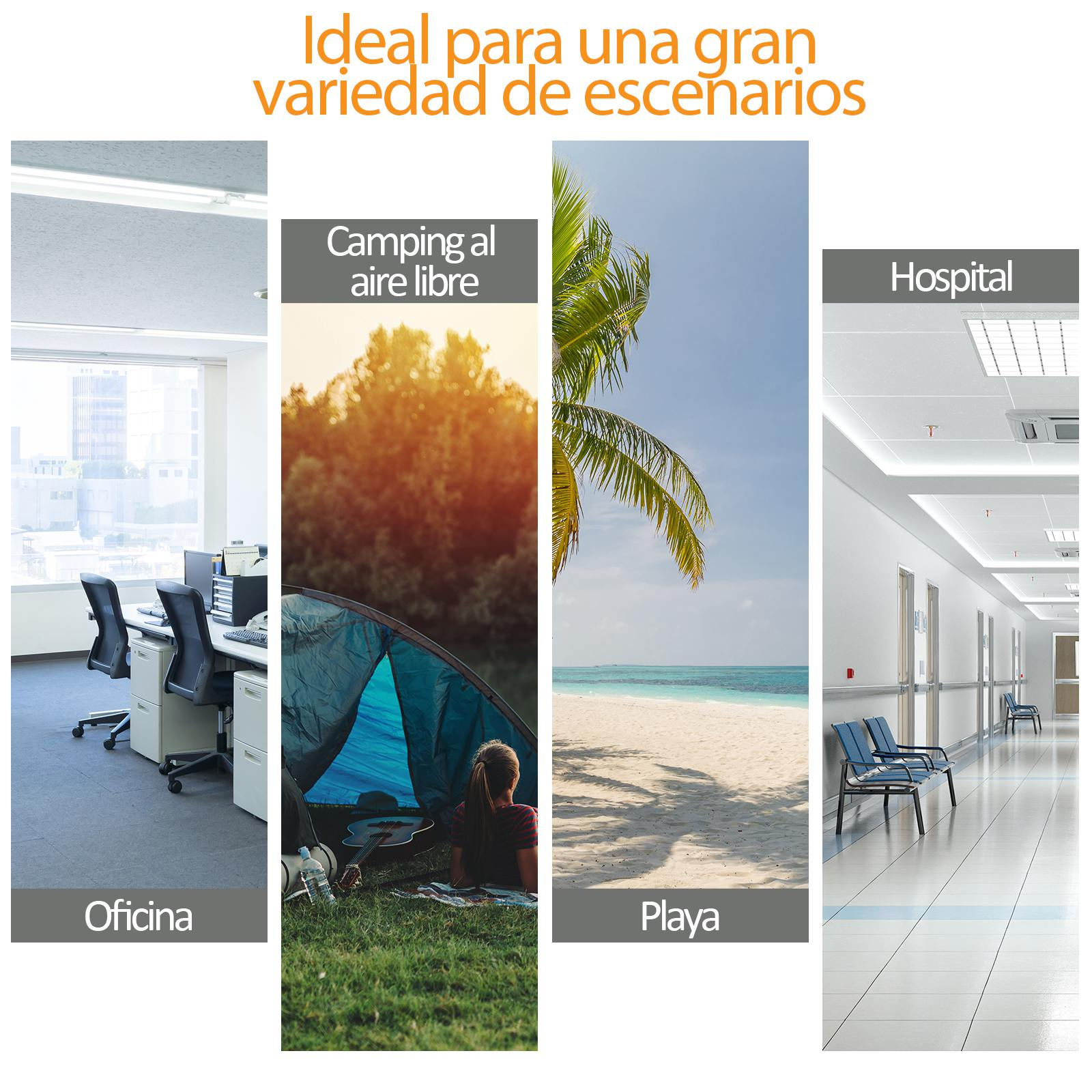 Oficina, camping, playa y pasillo de hospital.