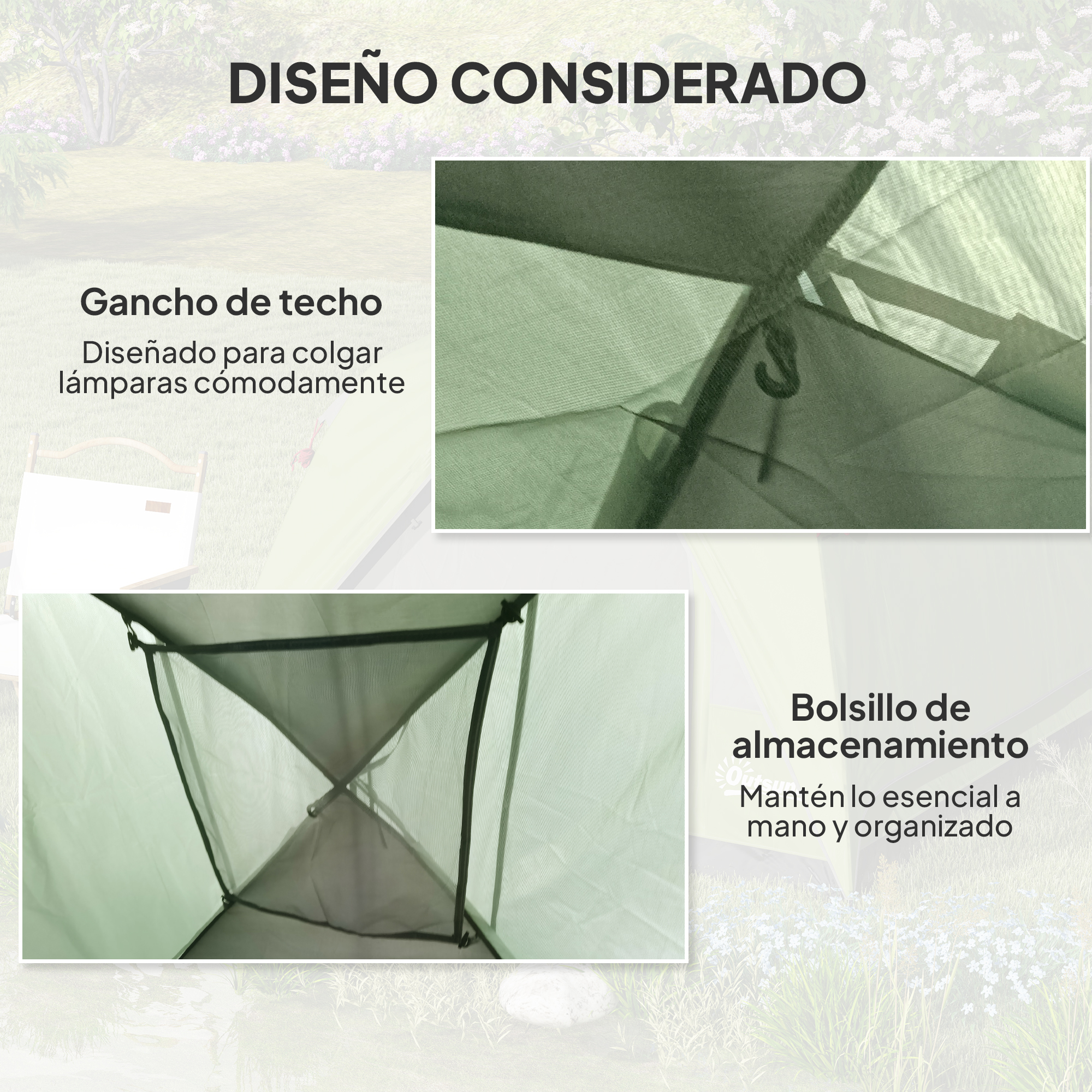 Tienda con gancho de techo y bolsillo de almacenamiento