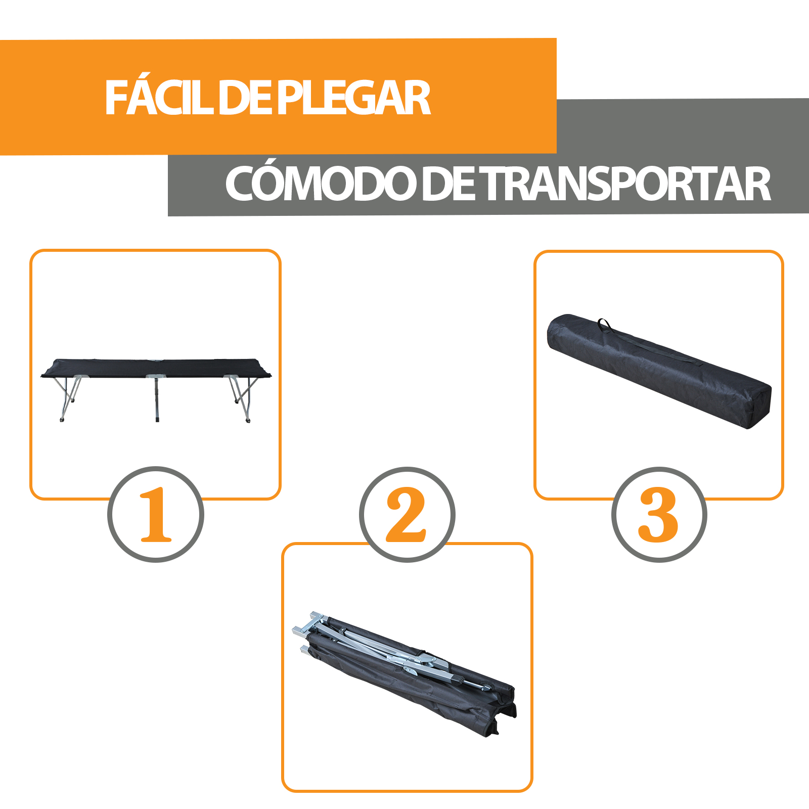 Una cama de campaña negra desplegada con patas de metal, una cama plegada y una bolsa de transporte negra.