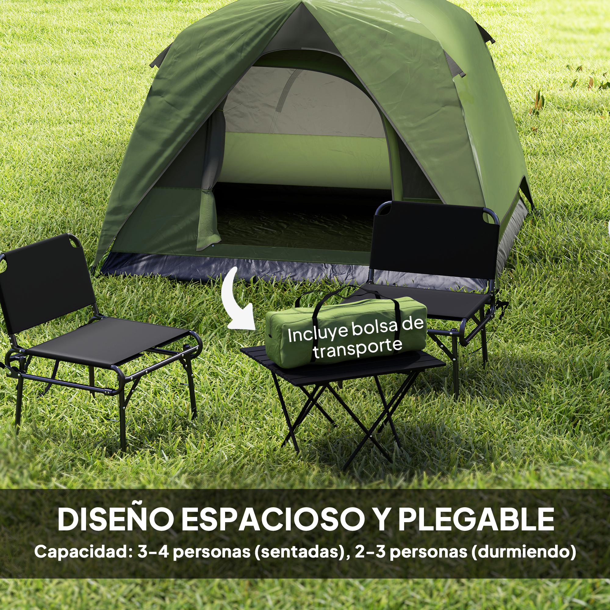 Tienda verde con dos sillas negras y una mesa con bolsa verde.
