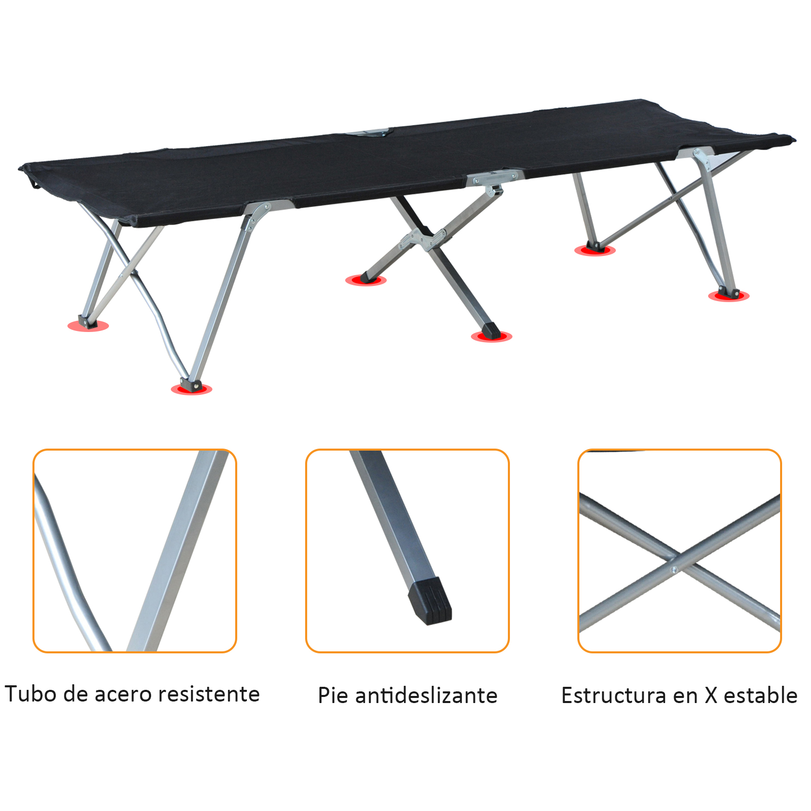 Cama plegable negra con marco de metal plateado y pies rojos, detalles abajo.