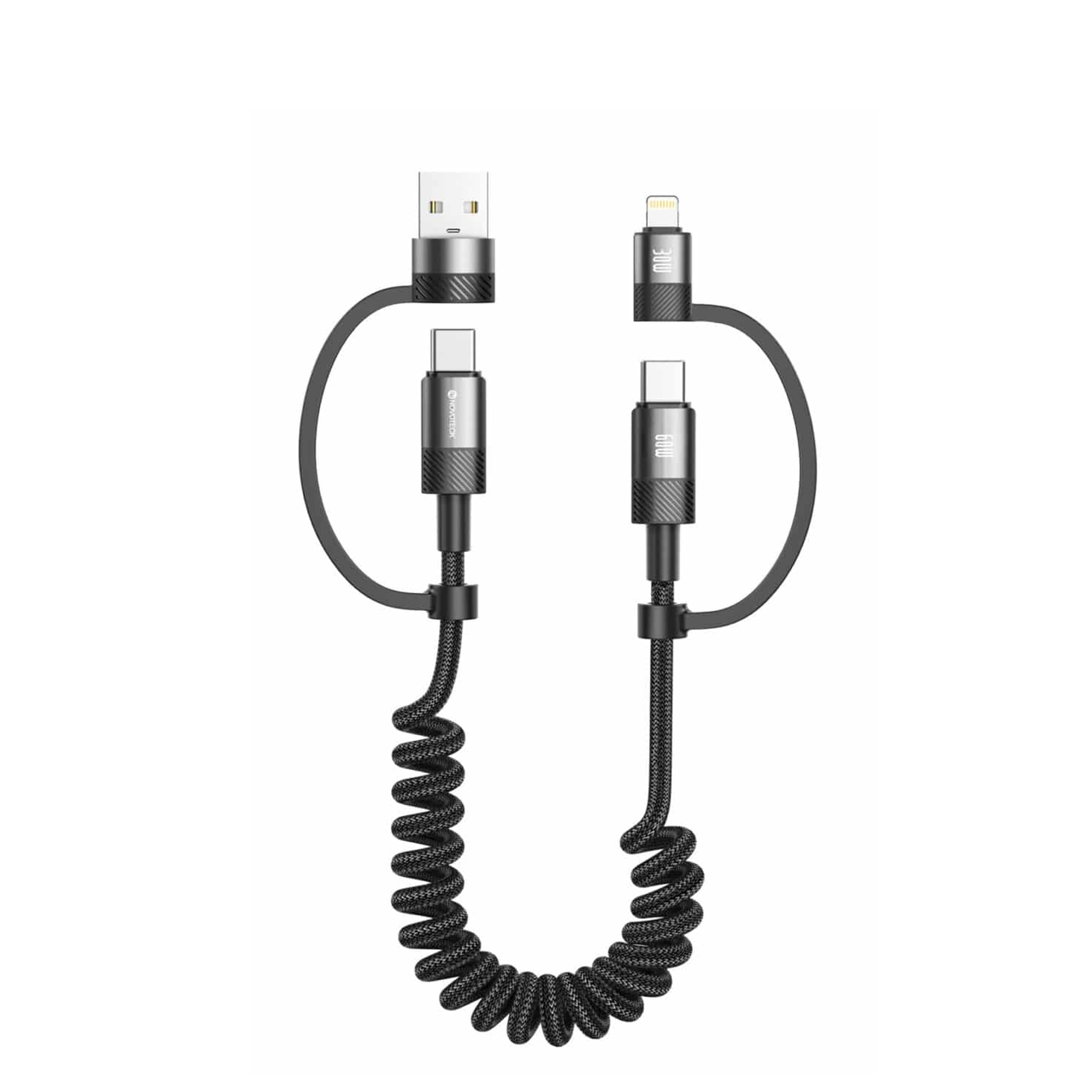 Cavo nero a spirale con connettori USB-A, Lightning e USB-C.
