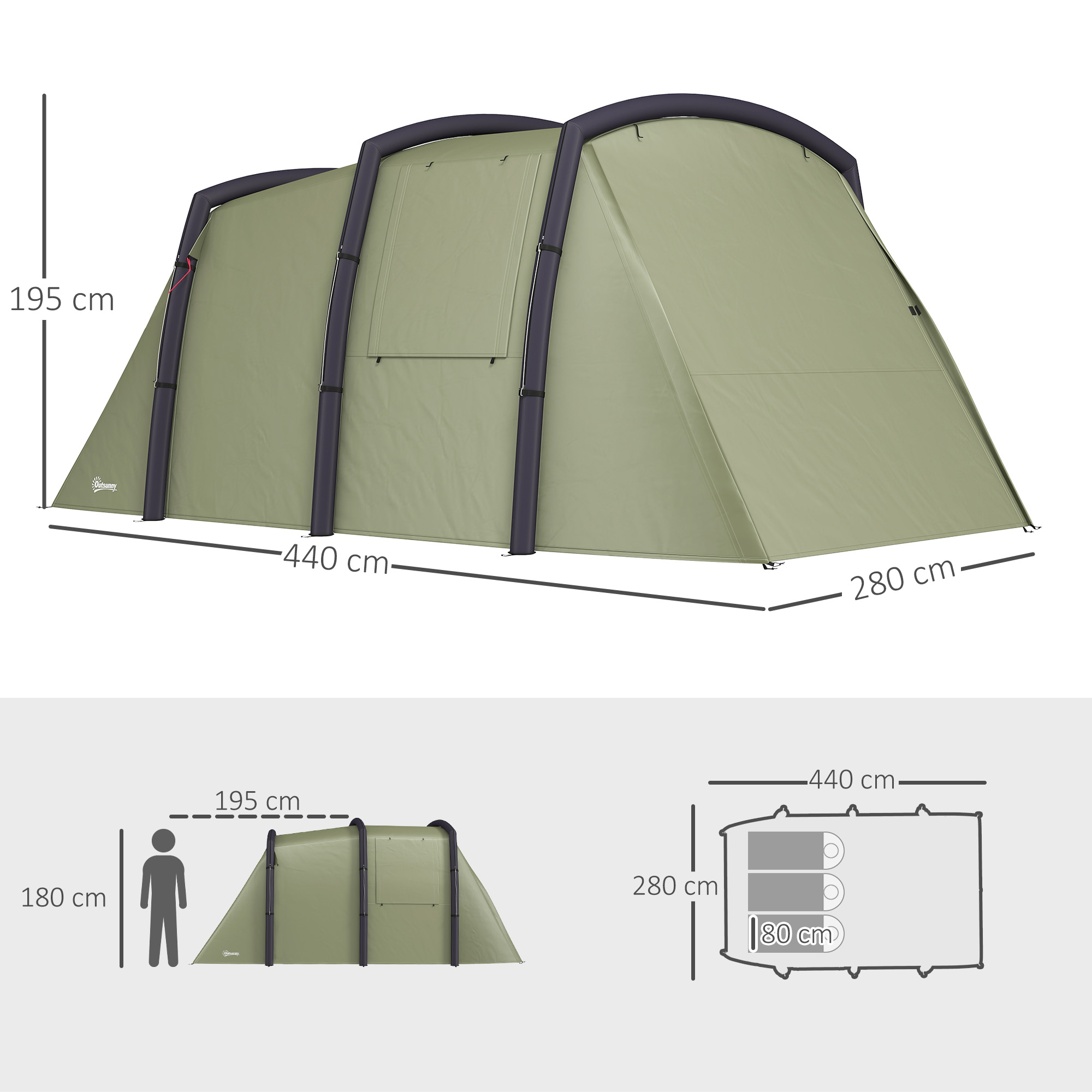 Una tienda de campaña inflable verde, 440x280x195 cm, con dimensiones.