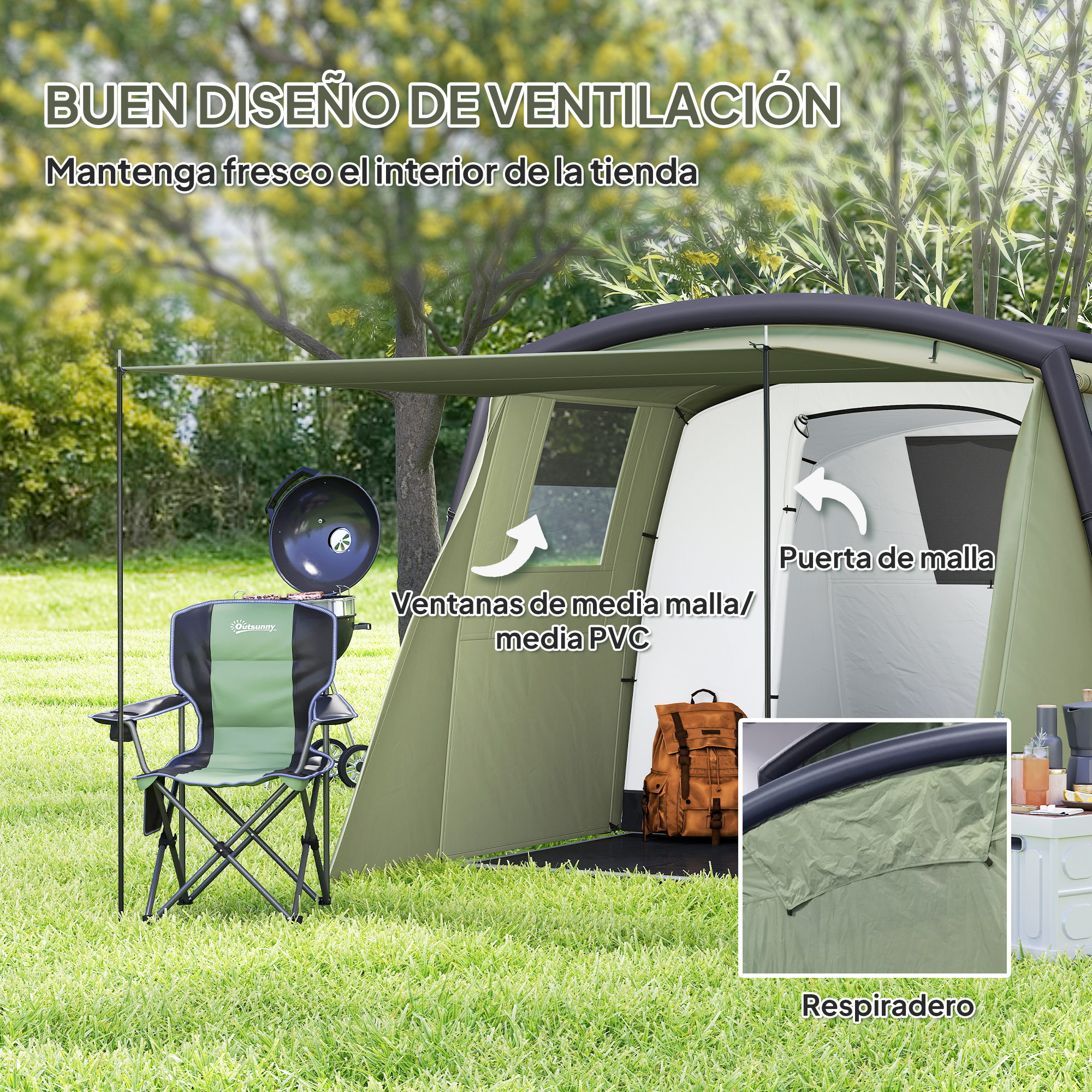 Una tienda de campaña con parrilla, silla y mochila al aire libre.