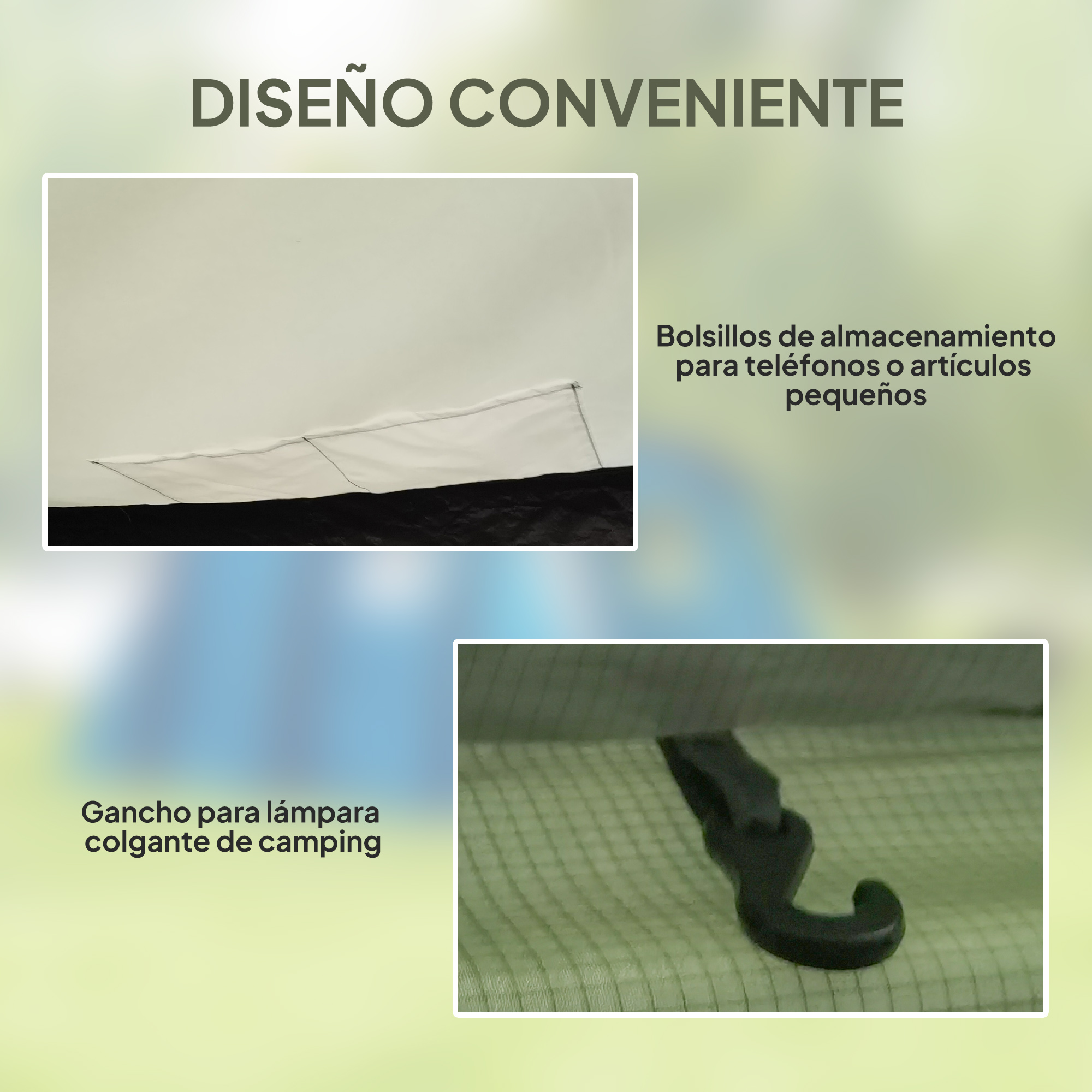 Bolsillos de almacenamiento para teléfonos y un gancho para lámpara.