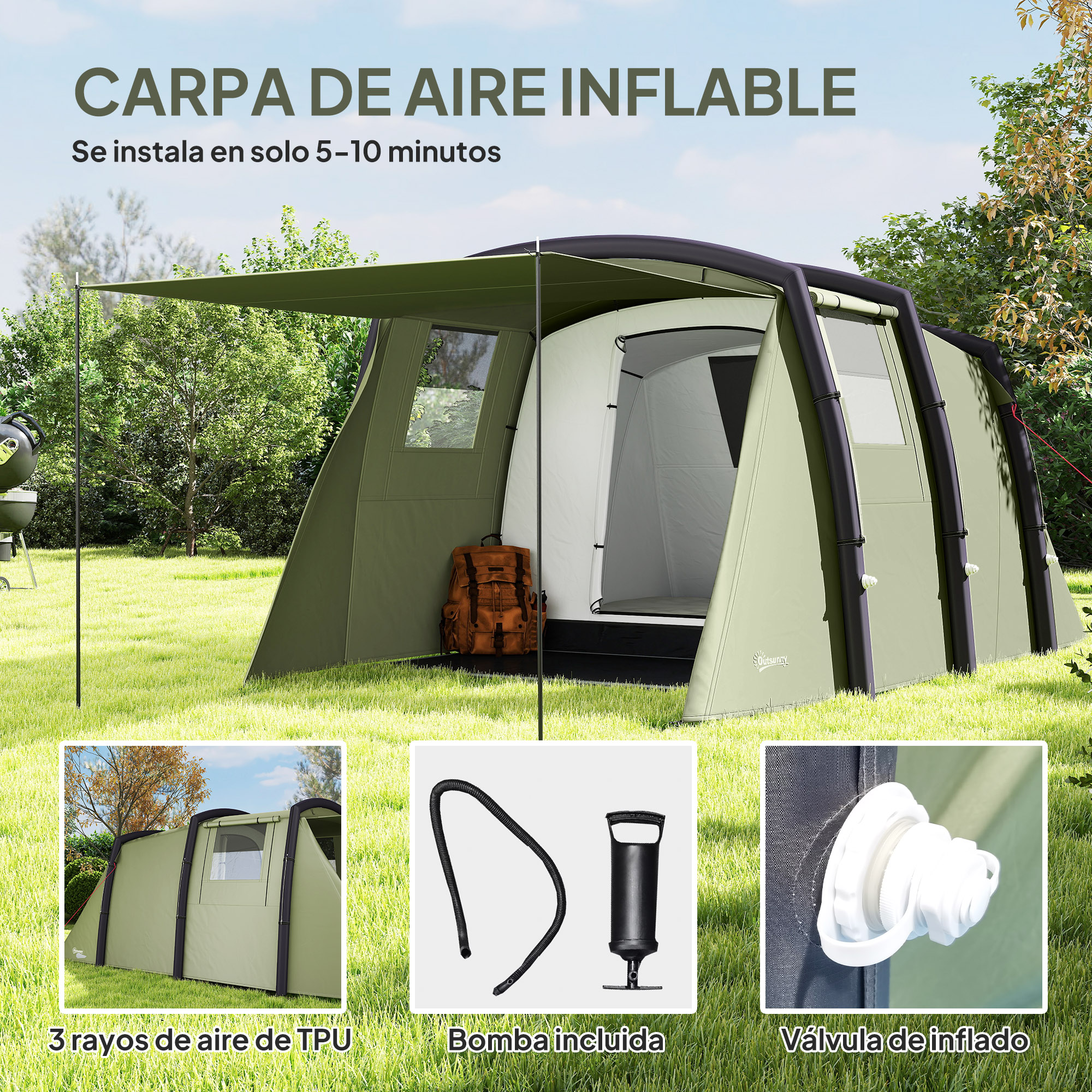 Montaje de tienda de campaña inflable verde con bomba de aire y válvulas al aire libre.