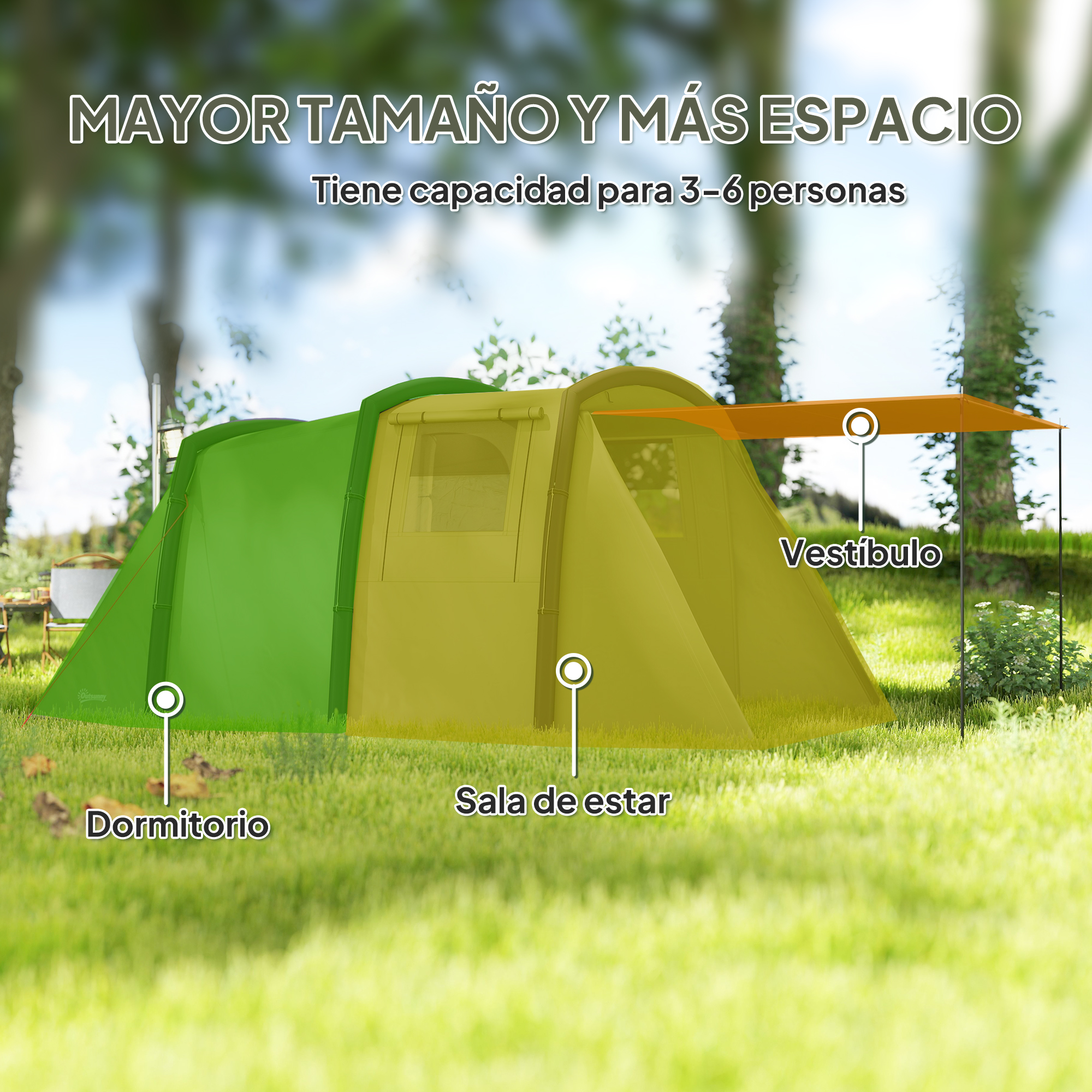 Tienda verde y amarilla con etiquetas para dormitorio, sala de estar y vestíbulo.