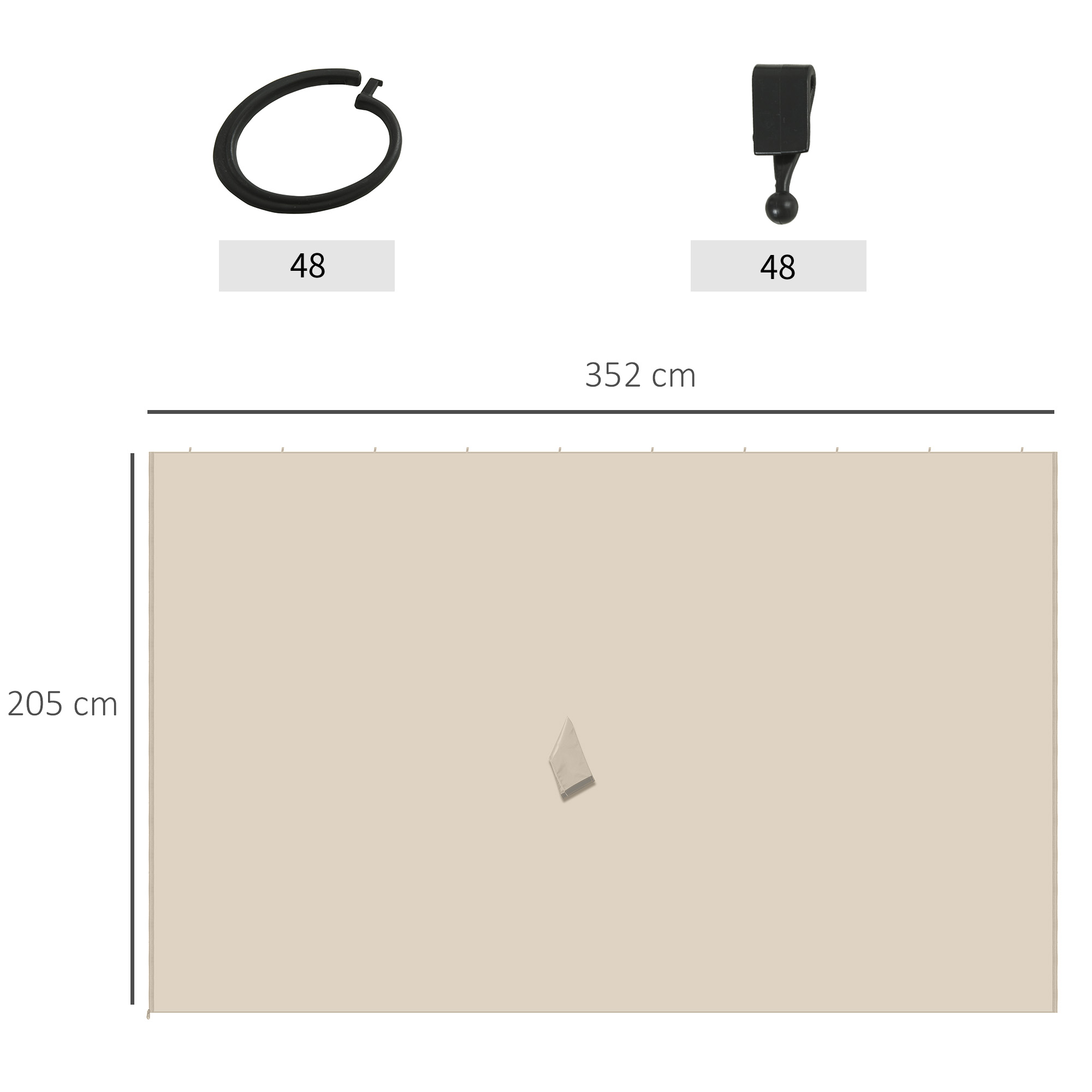 Una tela beige de 352cm de ancho y 205cm de alto. Con ganchos de sujeción arriba.