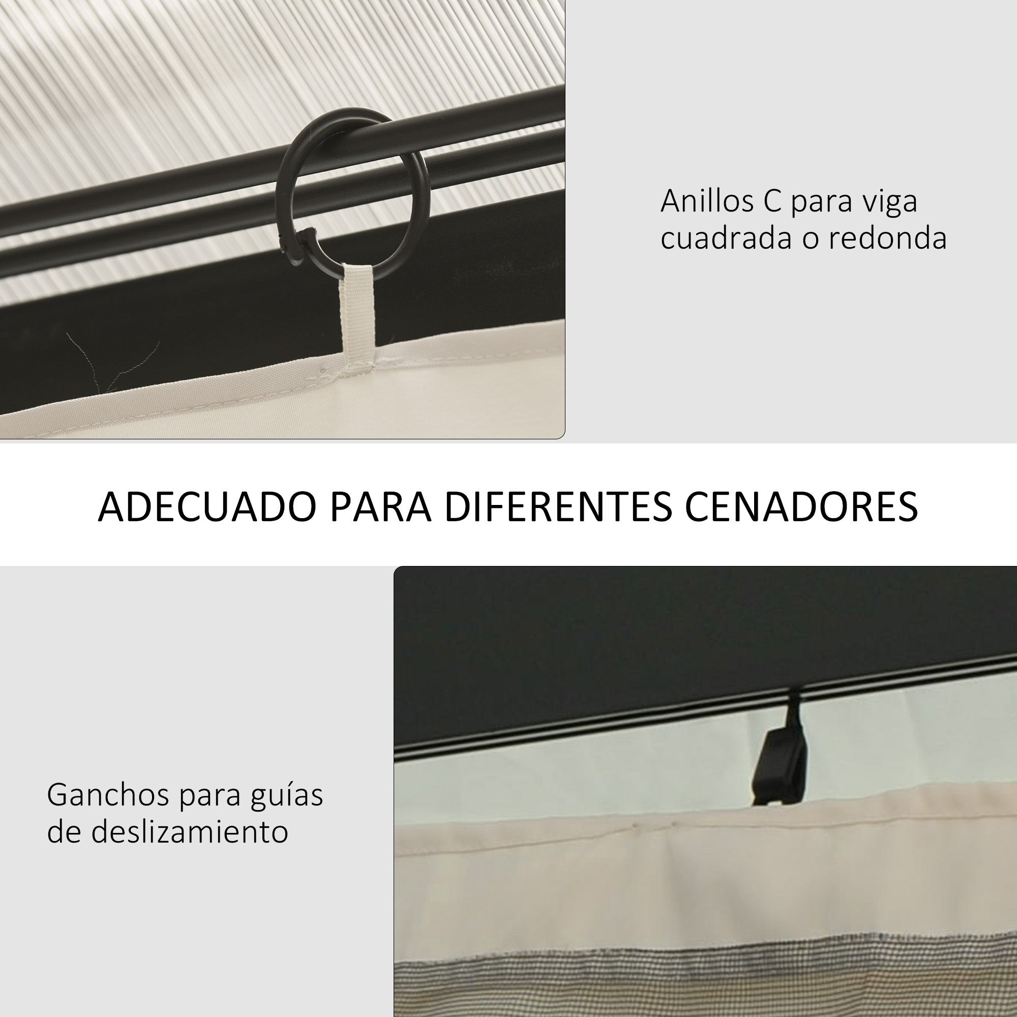 Anillos C para vigas y ganchos deslizantes.