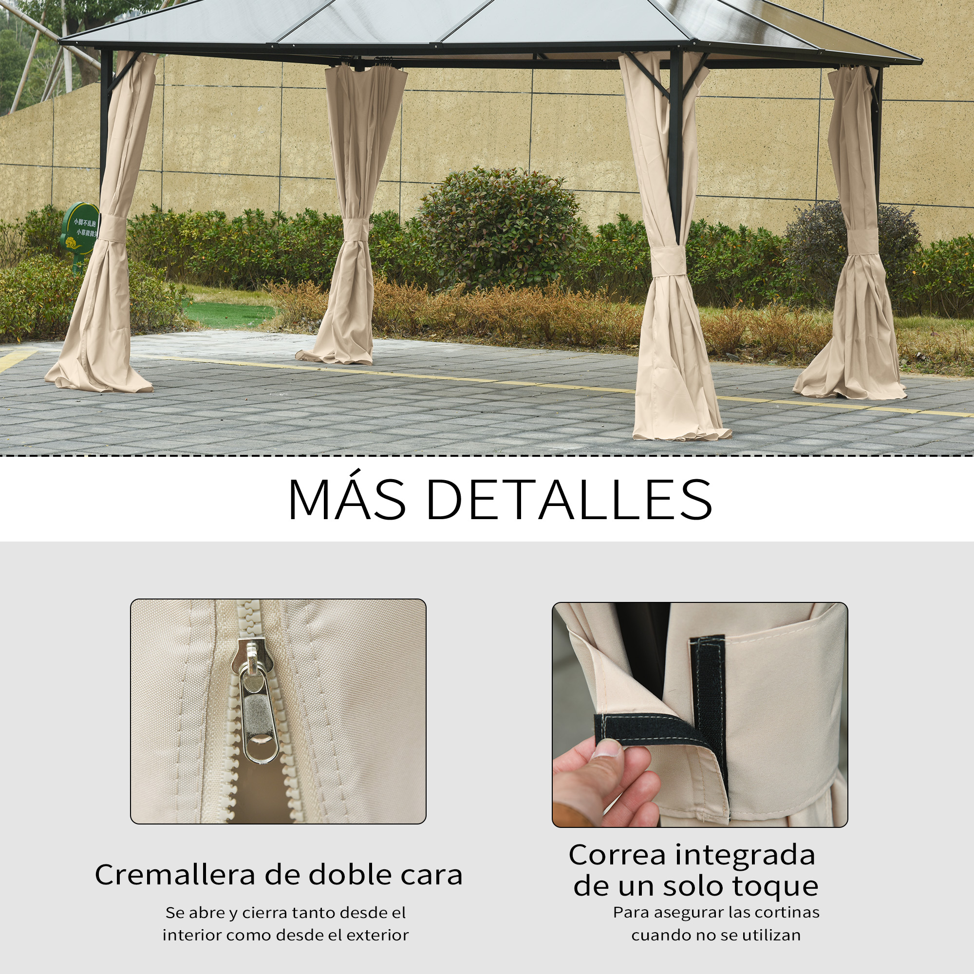 Un cenador con cortinas beige y estructura metálica al aire libre.