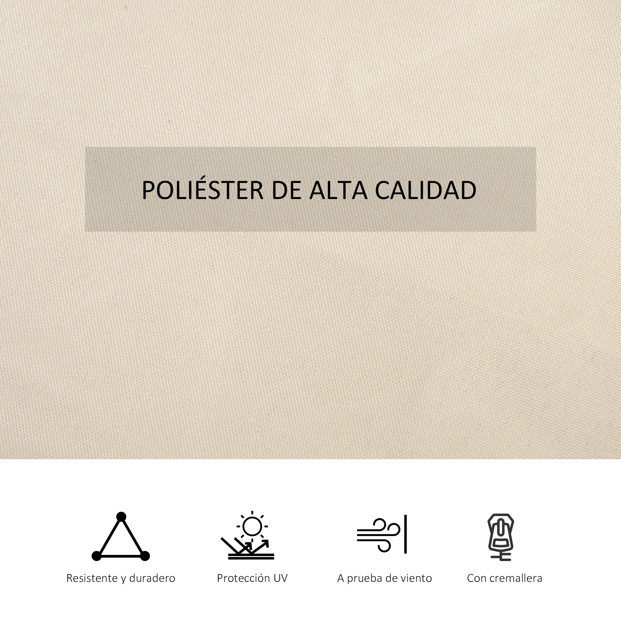 Poliéster de alta calidad con iconos de durabilidad, protección UV, a prueba de viento y cremallera.