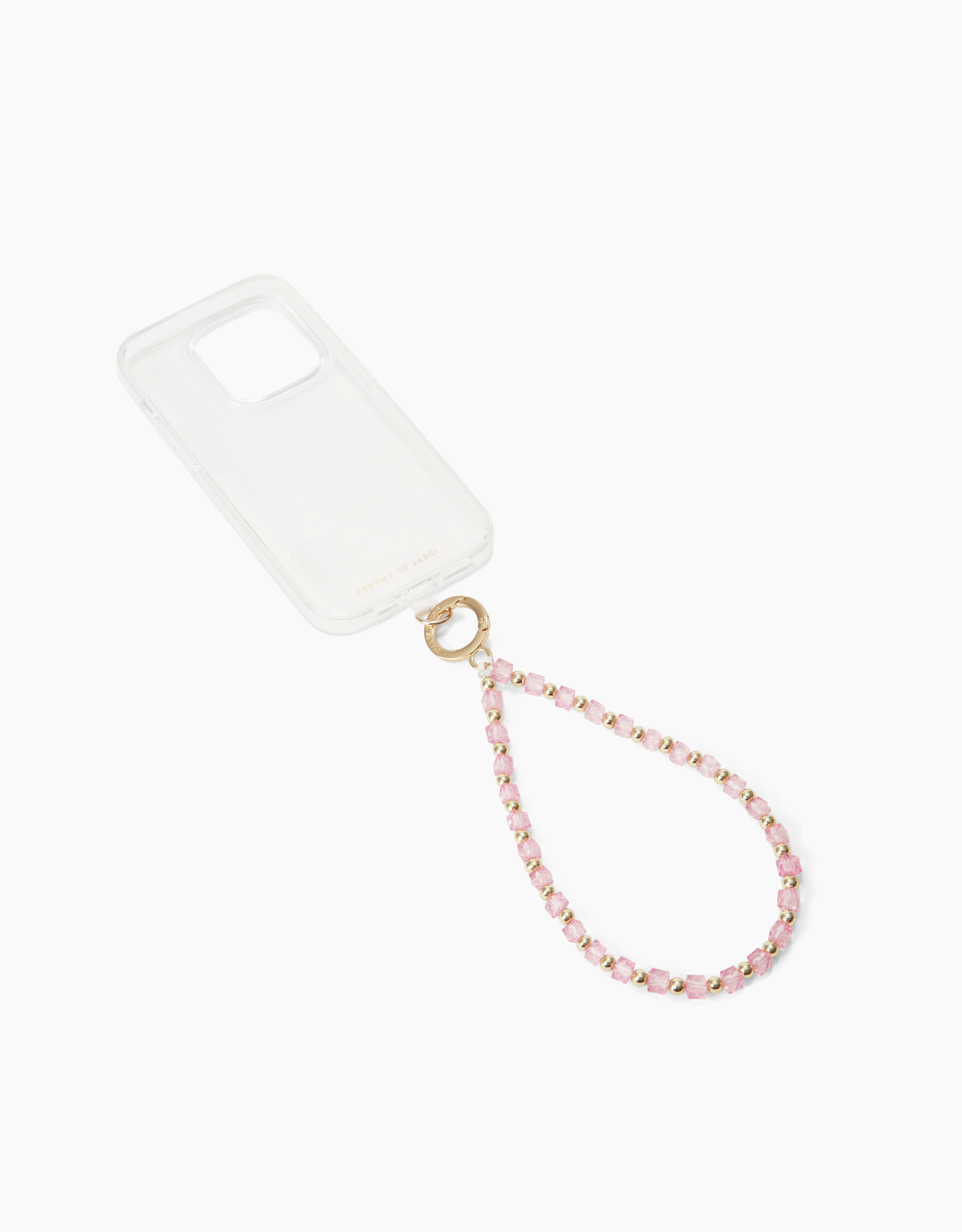 Transparente Handyhülle mit einem rosafarbenen Perlenarmband und goldenen Akzenten.