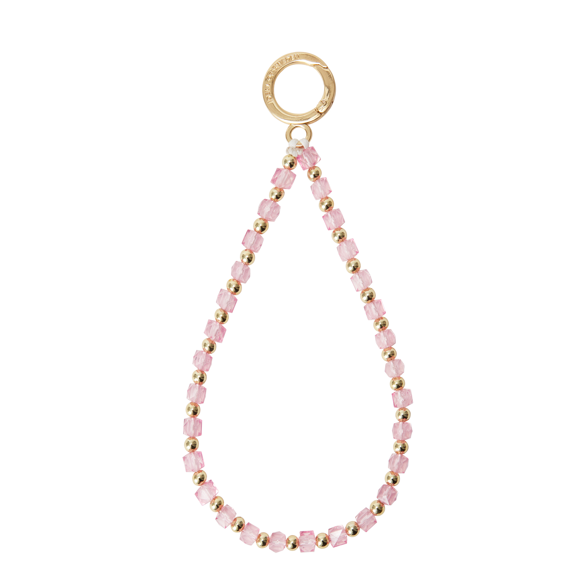 Ein goldener Karabinerverschluss h&auml;ngt an einer Perlenkette aus rosa W&uuml;rfeln und goldenen Kugeln.