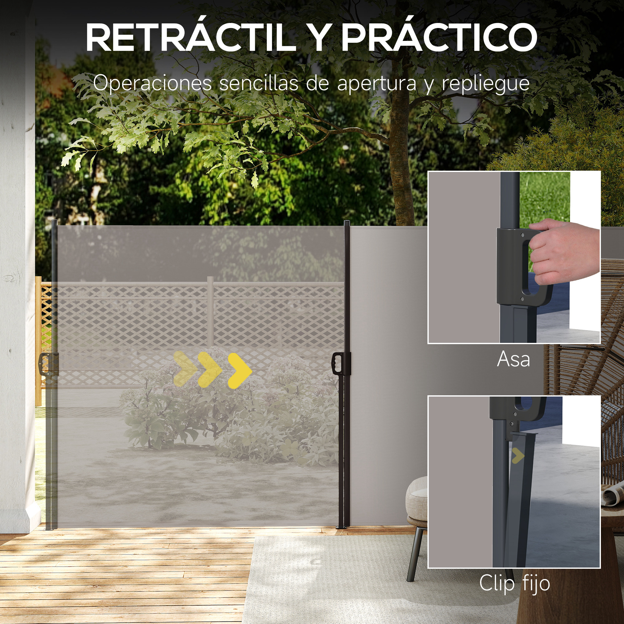 Se muestra una pantalla retráctil al aire libre en una terraza de madera con detalles de asa.