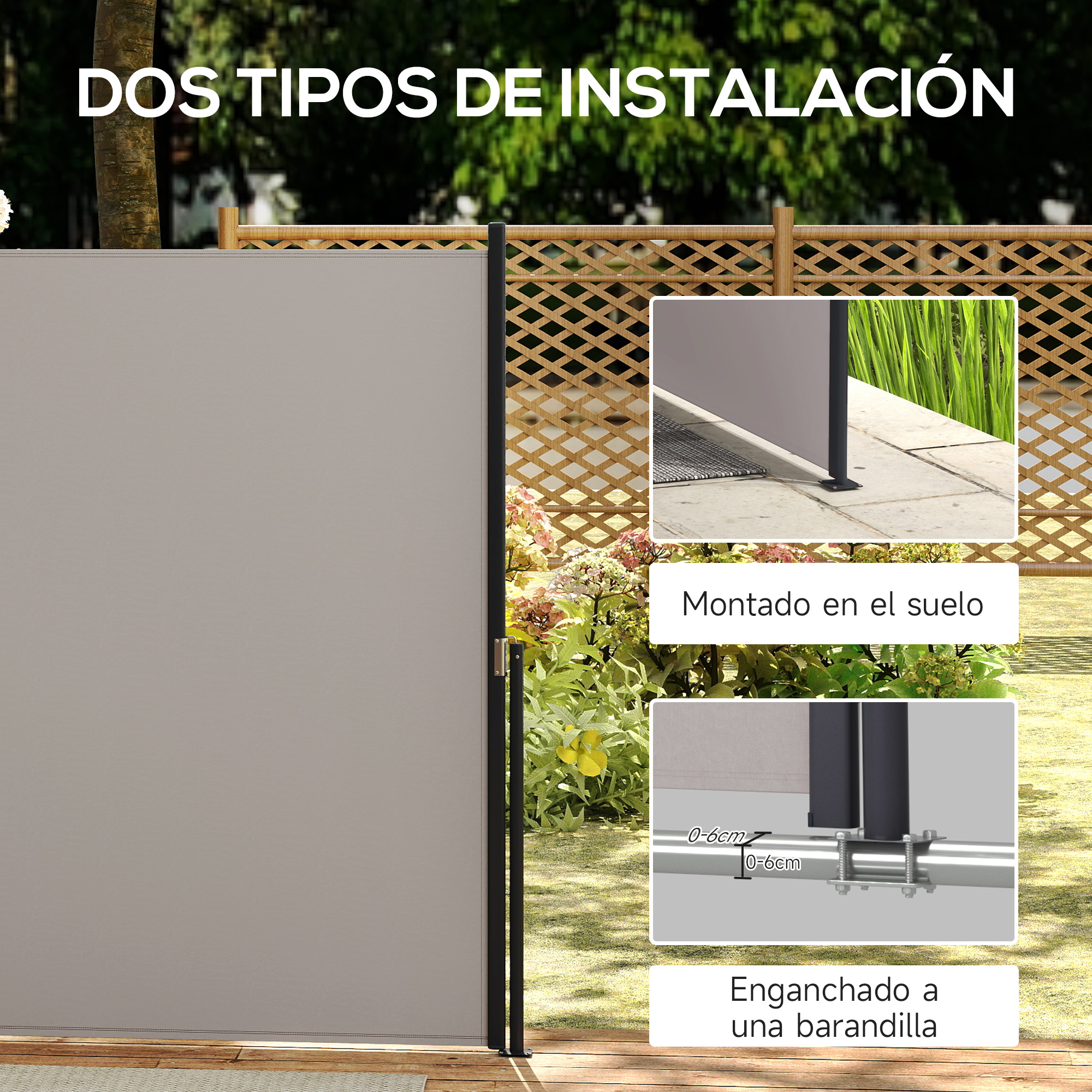 Un toldo gris se muestra instalado de dos maneras: en el suelo y en barandilla.