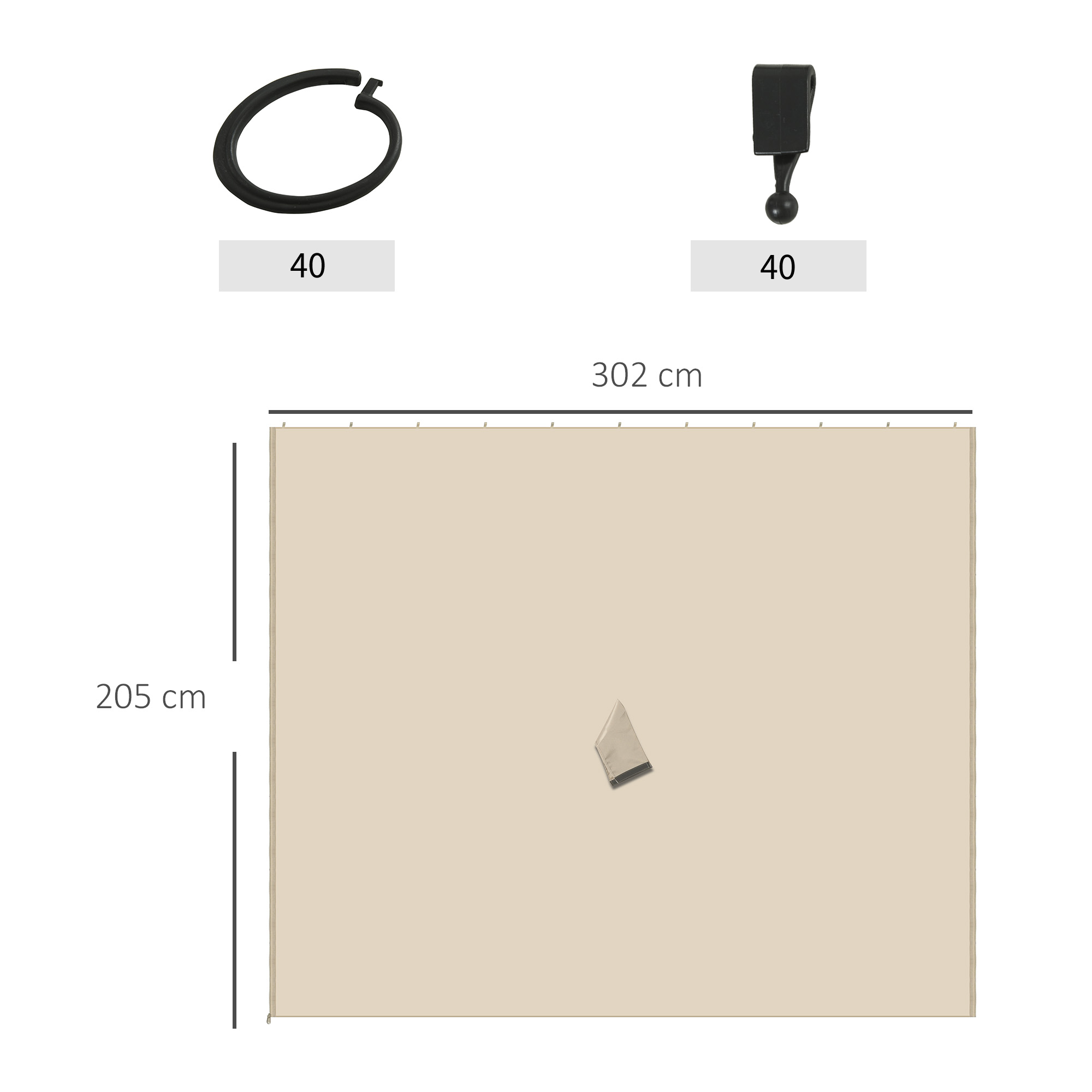 Una tienda de campaña beige, de 302 cm de ancho y 205 cm de alto, con dos elementos de sujeción negros.
