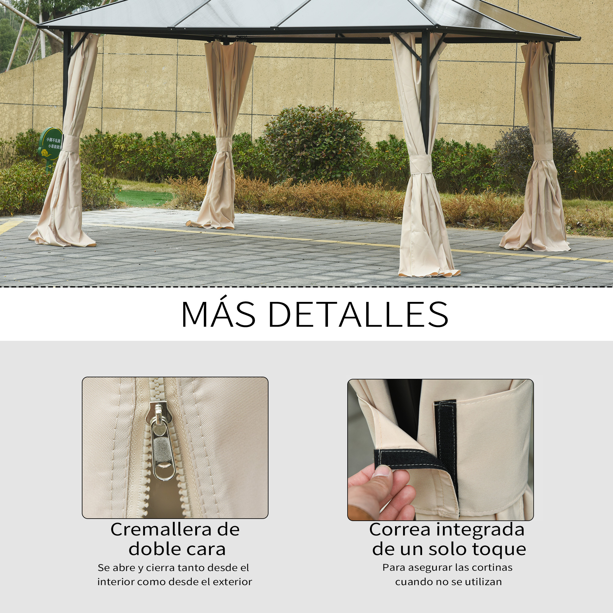 Gazebo beige con cortinas y estructura metálica, sobre un camino pavimentado.