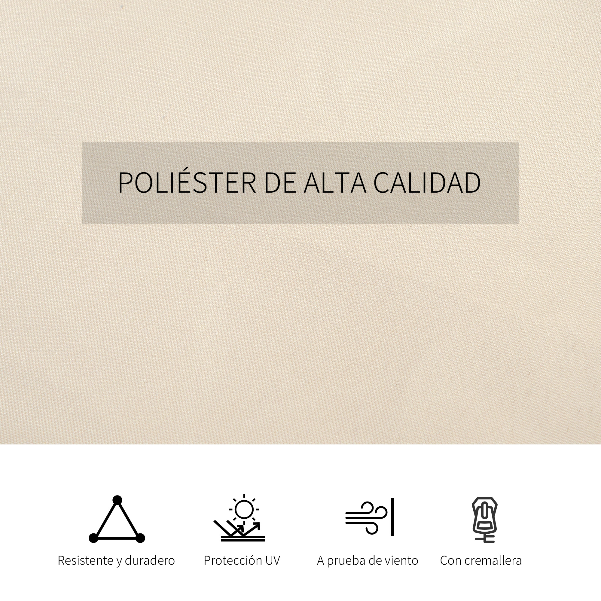 Poliéster de alta calidad con iconos de durabilidad, protección UV, resistencia al viento y cremallera.