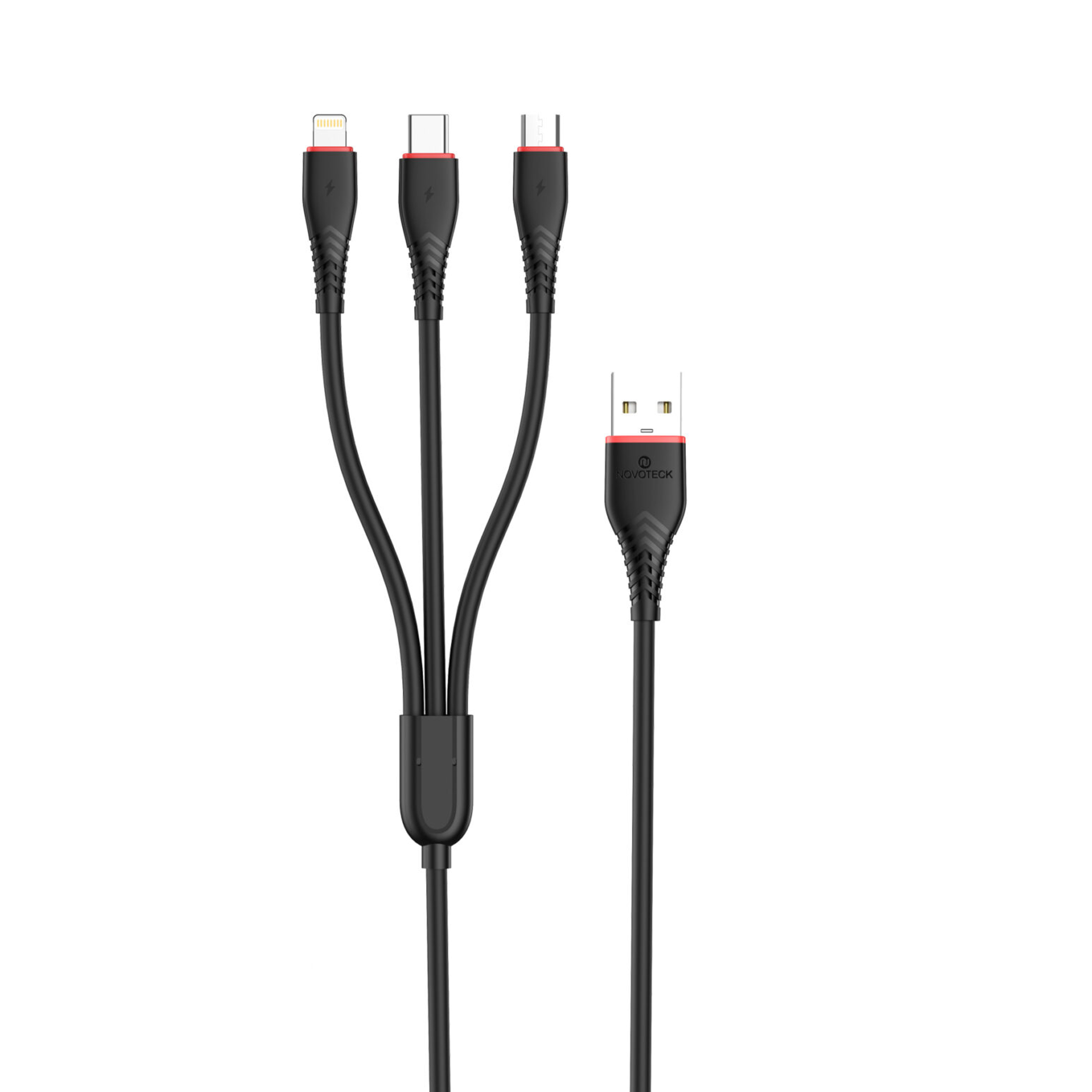 Un cavo di ricarica nero con tre connettori: Lightning, USB-C e Micro-USB.