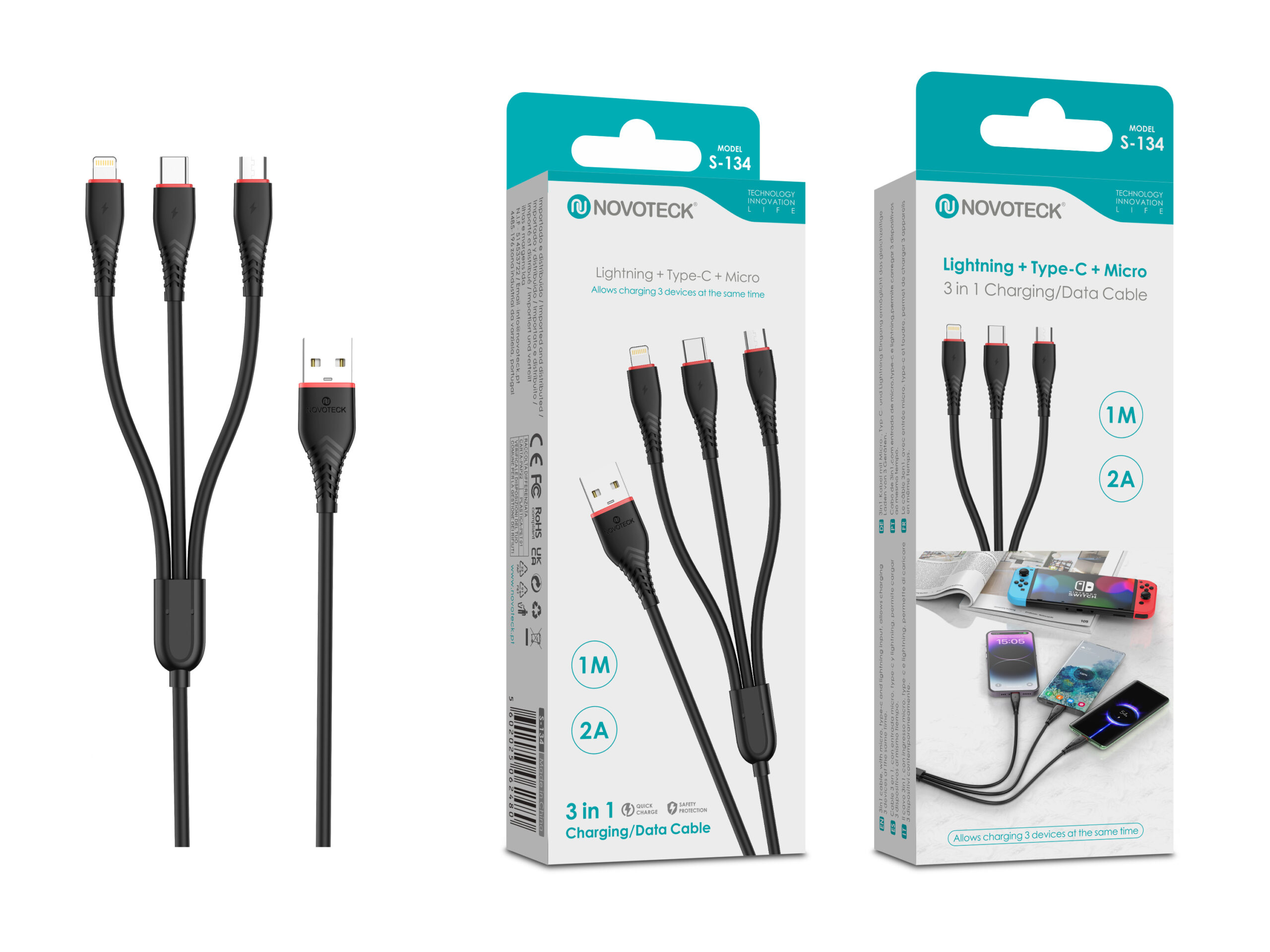 Un cavo di ricarica 3 in 1 nero con connettori Lightning, USB-C e Micro.
