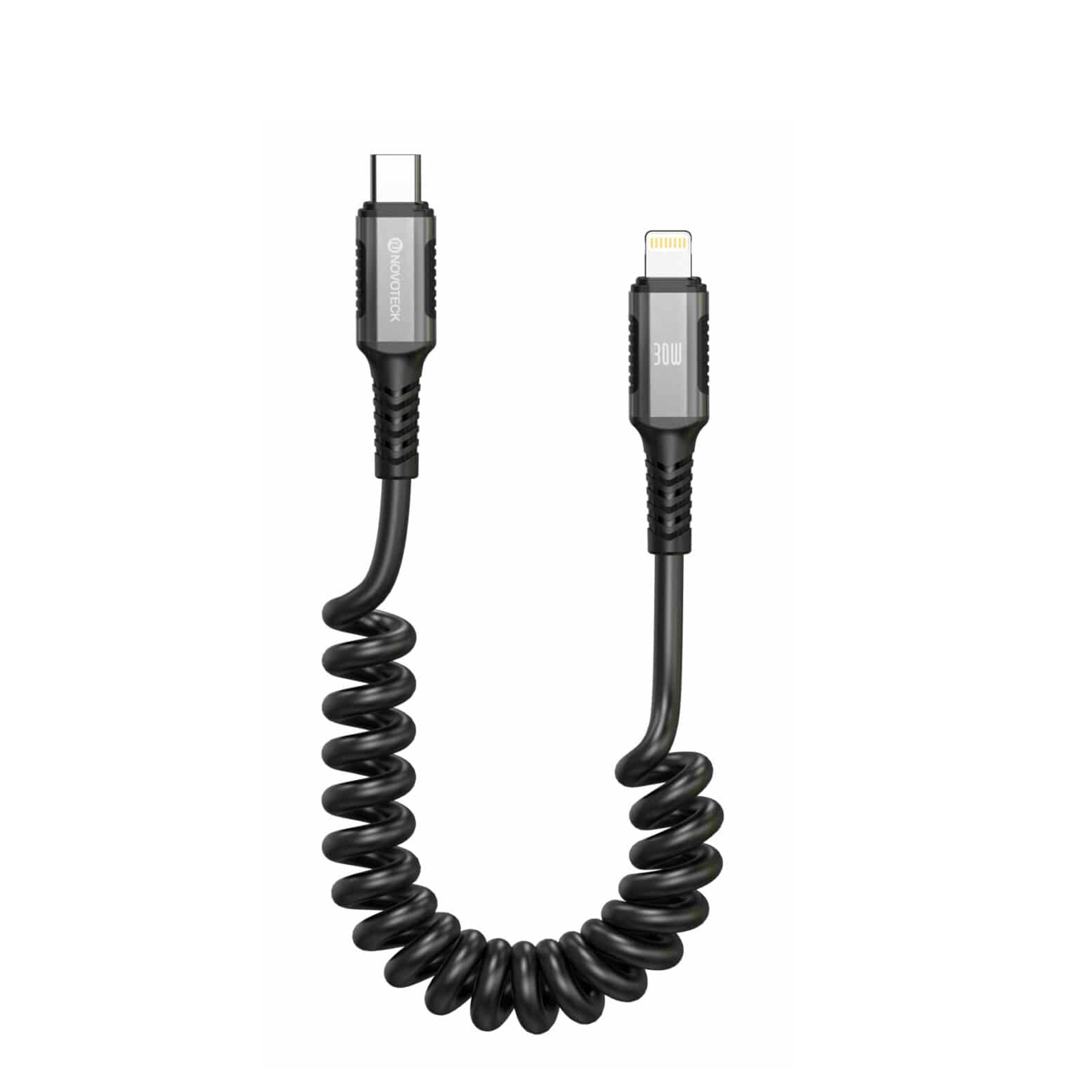 Cavo nero a spirale con connettori USB-C e Lightning, 30W.