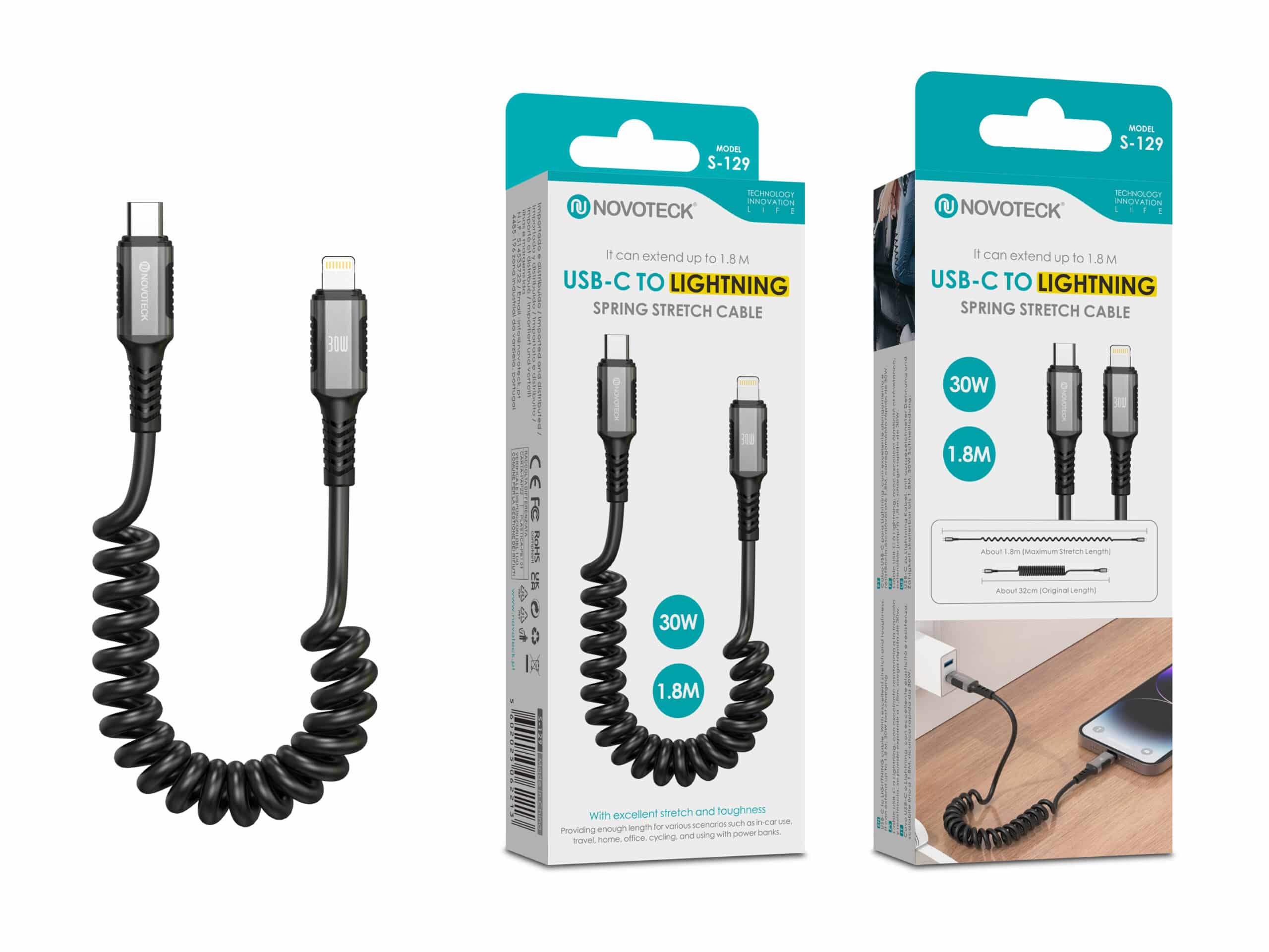 Cavo a spirale USB-C a Lightning nero, 30W, 1,8m, su confezione.