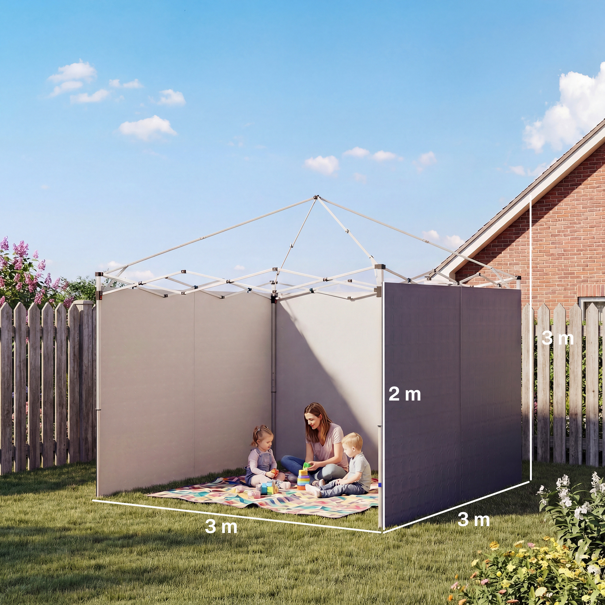 Una carpa en un jardín con una mujer y niños en una manta.