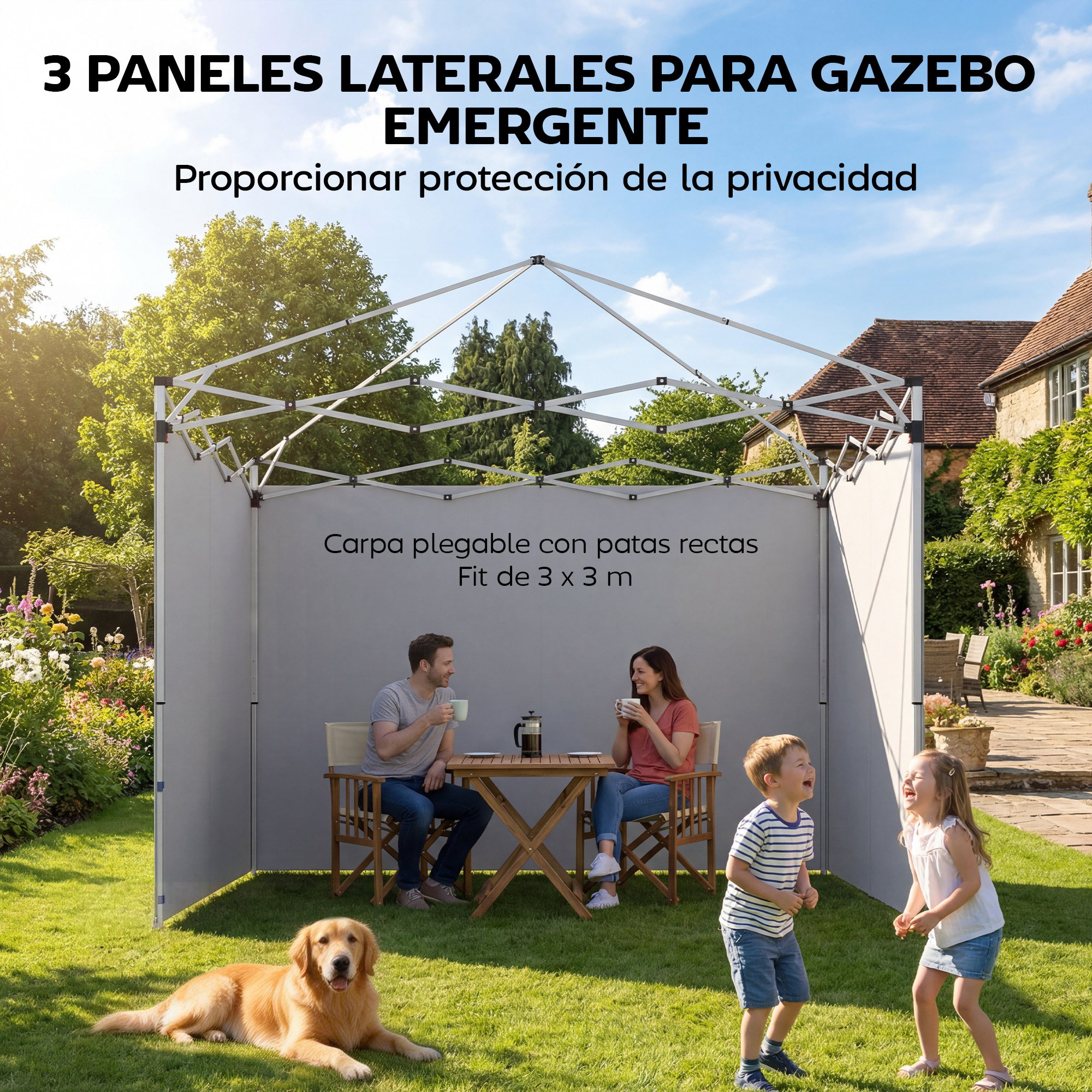 Una pareja se sienta a una mesa al aire libre con niños jugando y un perro en el césped.