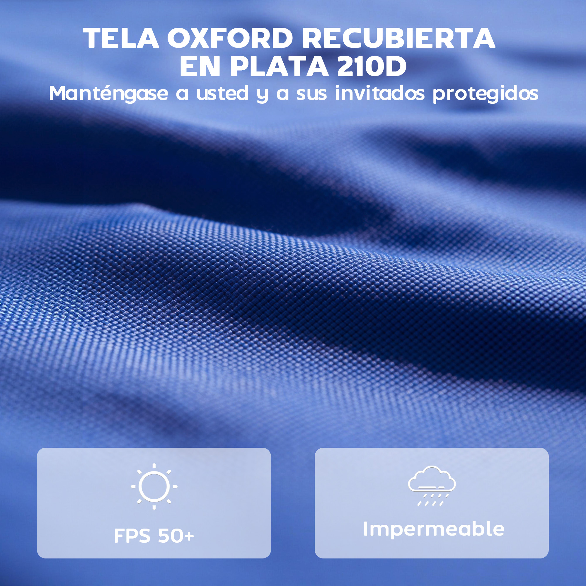 Tejido Oxford azul con recubrimiento plateado, FPS 50+, impermeable.