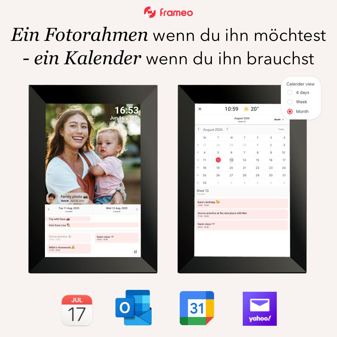 Zwei Frameo-Geräte: eines mit Foto, eines mit Kalender. Unten sind App-Symbole.